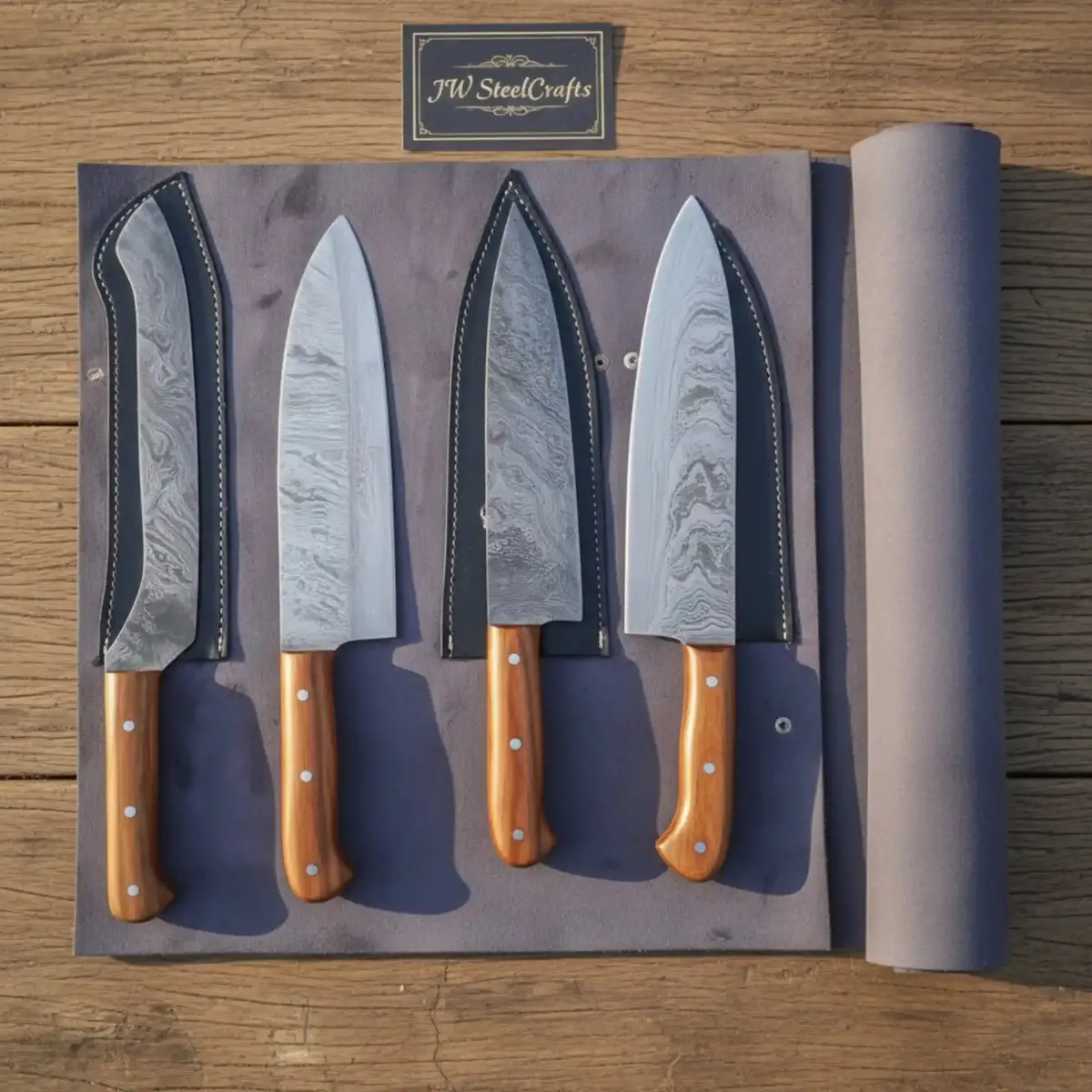 Custom Damascus Japanese Kitchen Quartet — Nakiri, Gyuto, Santoku & Chef Hybrid With Olive Handles 1
