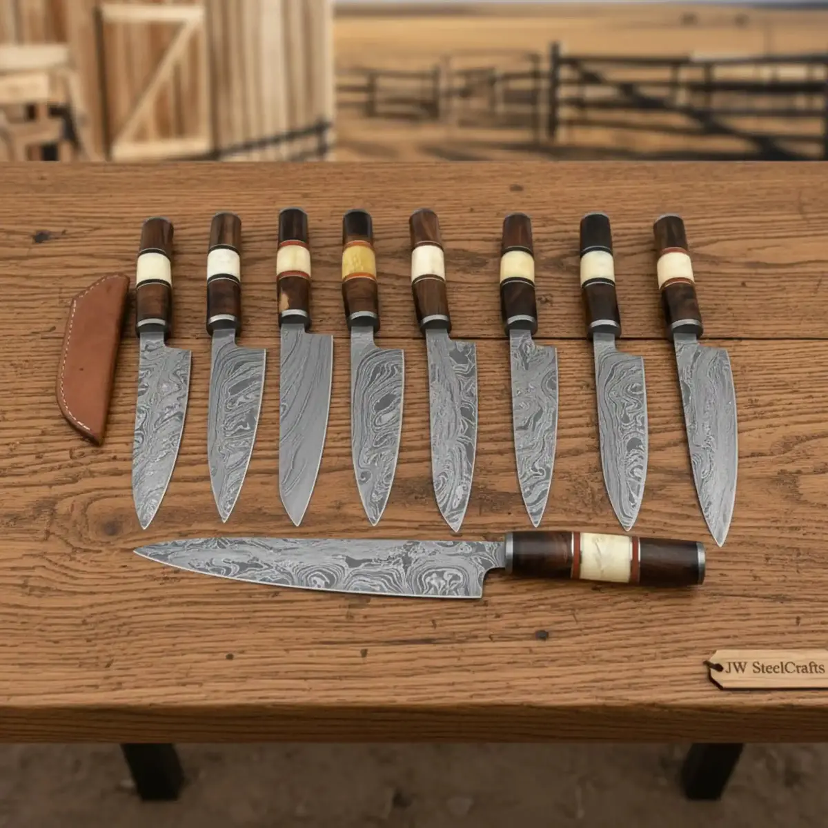 Hand-Forged Damascus Knife Set With Mixed Wood Handles 1