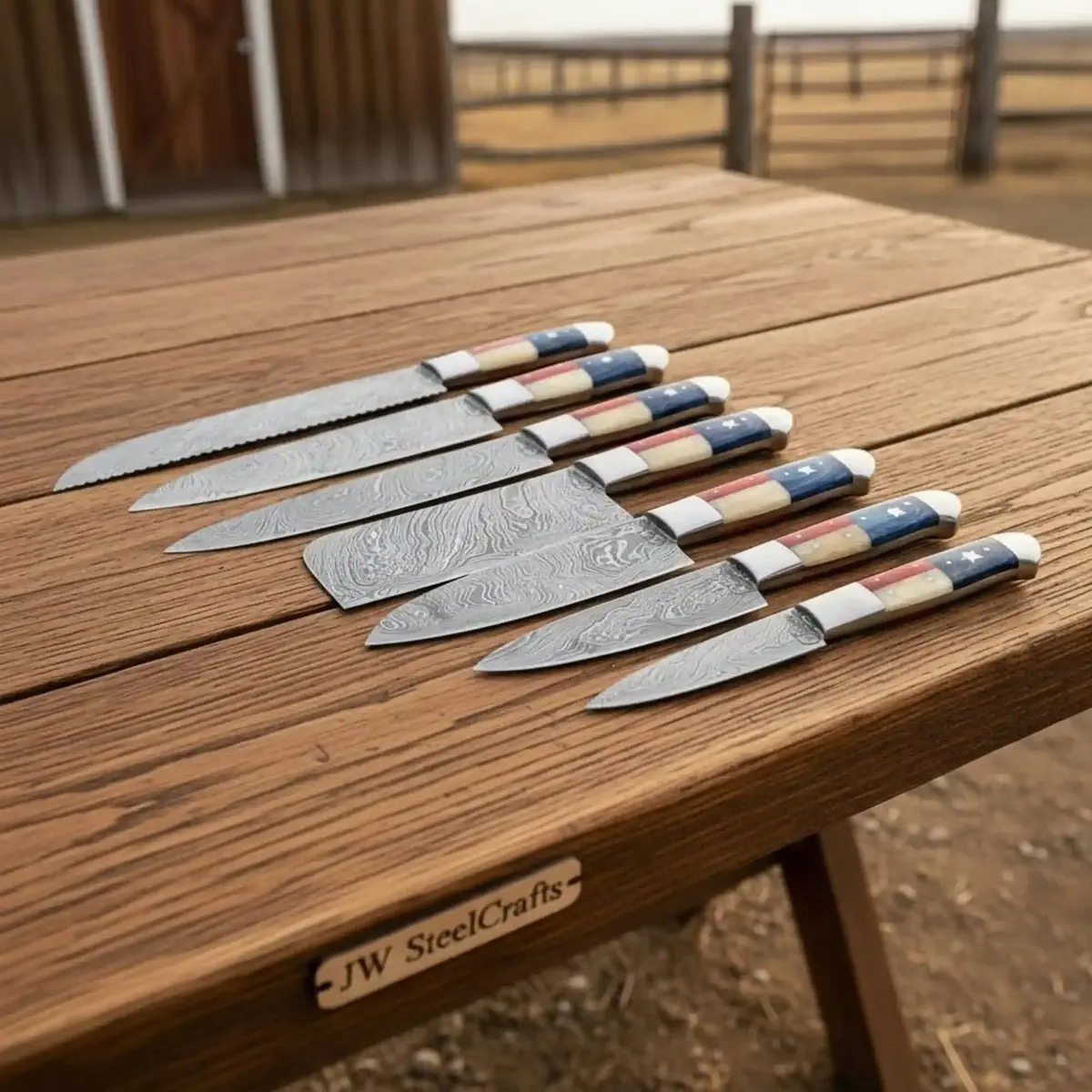 Hand-Forged Damascus Mixed Chef Set (Bread, Chef, Santoku & Utility) – Texas-Flag Handles, Full Tang 1