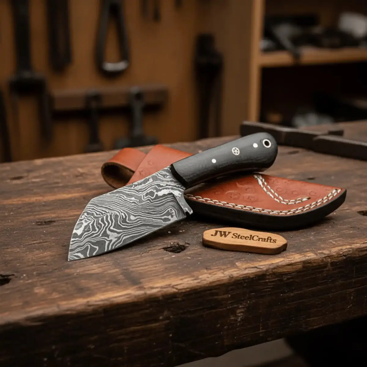 Hand Forged Damascus Skinning Knife With Black Micarta Handle, Hunting Knife With Leather Sheath 1