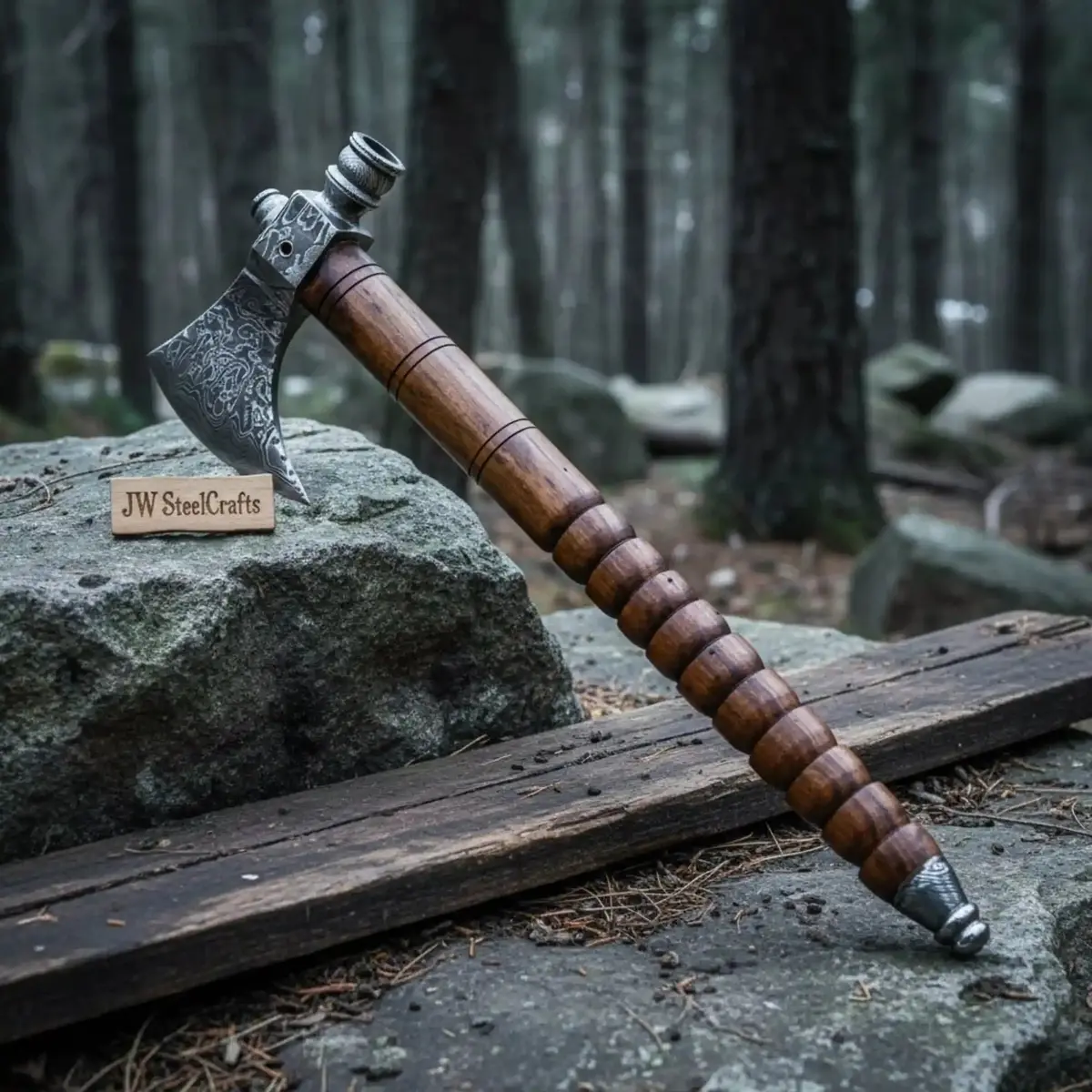 Hand Forged Damascus Smoking Axe With Ringed Hardwood Handle And Leather Sheath | Jw Steelcrafts 1