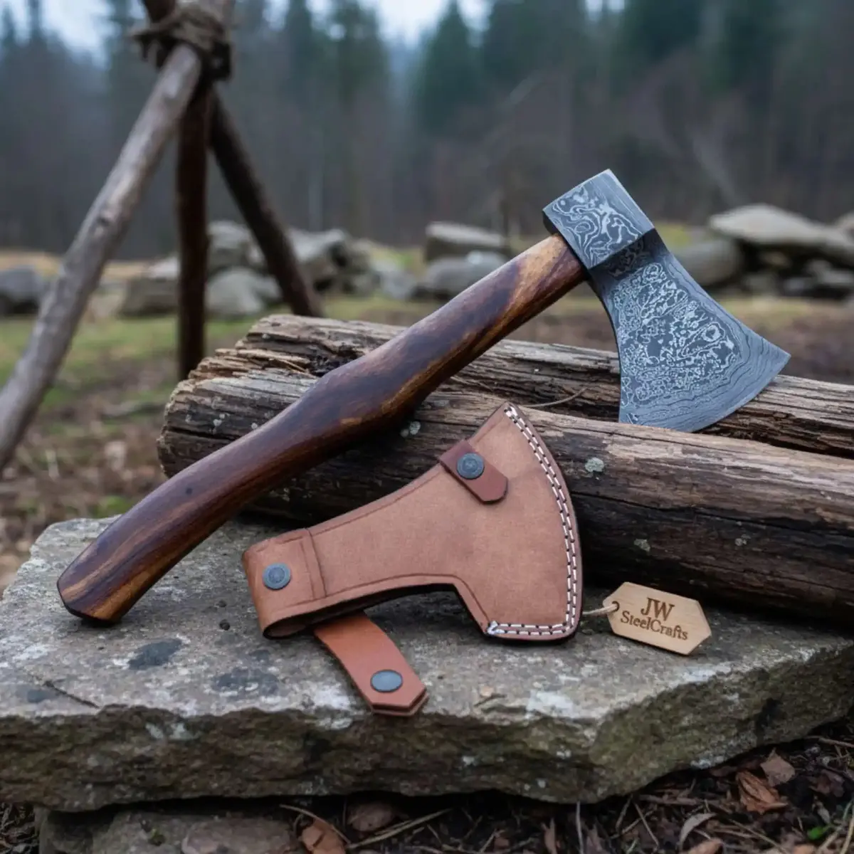 Hand Forged Damascus Steel Broad Edge Belt Axe With Hardwood Handle And Leather Sheath | Jw Steelcrafts 1