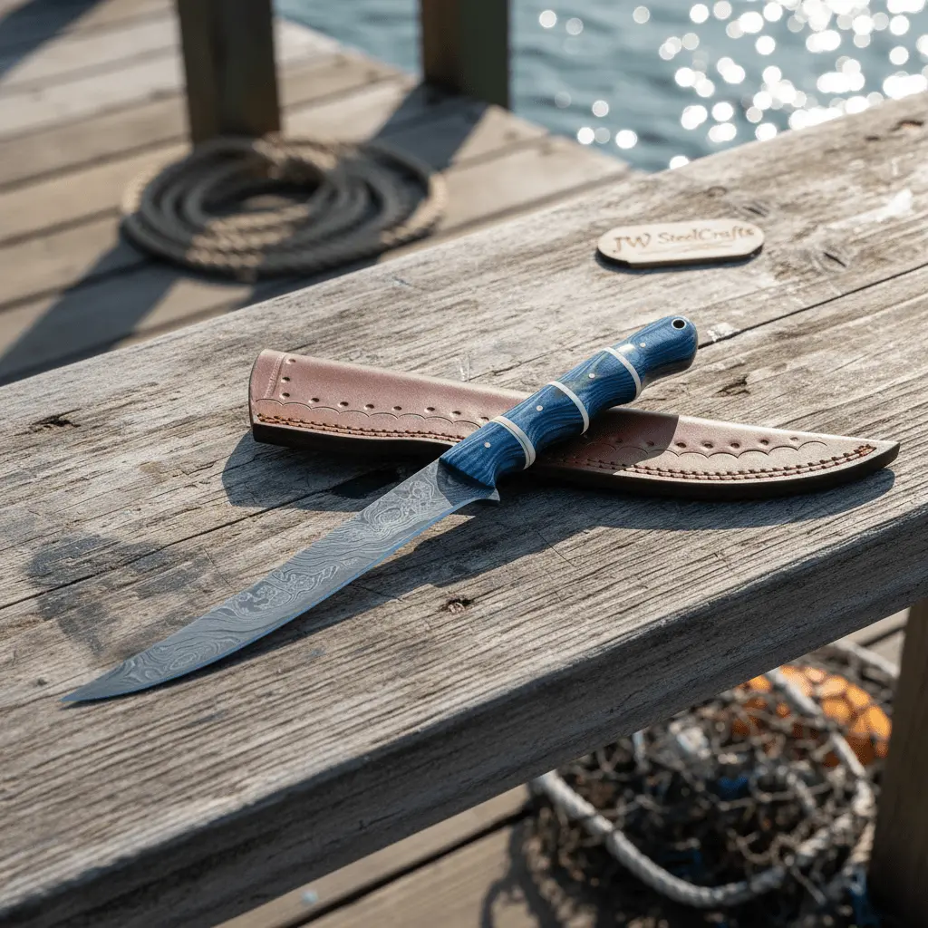 Handcrafted Damascus Steel Fish Fillet Knife With Blue Pakka Wood Handle And Leather Sheath 1