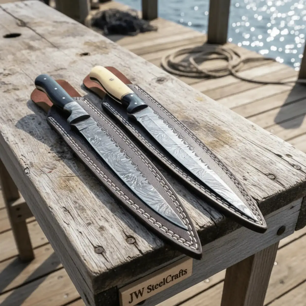 12-Inch Hand-Forged Damascus Steel Fish Fillet Knife Set With Hardwood Handles & Leather Sheaths 1