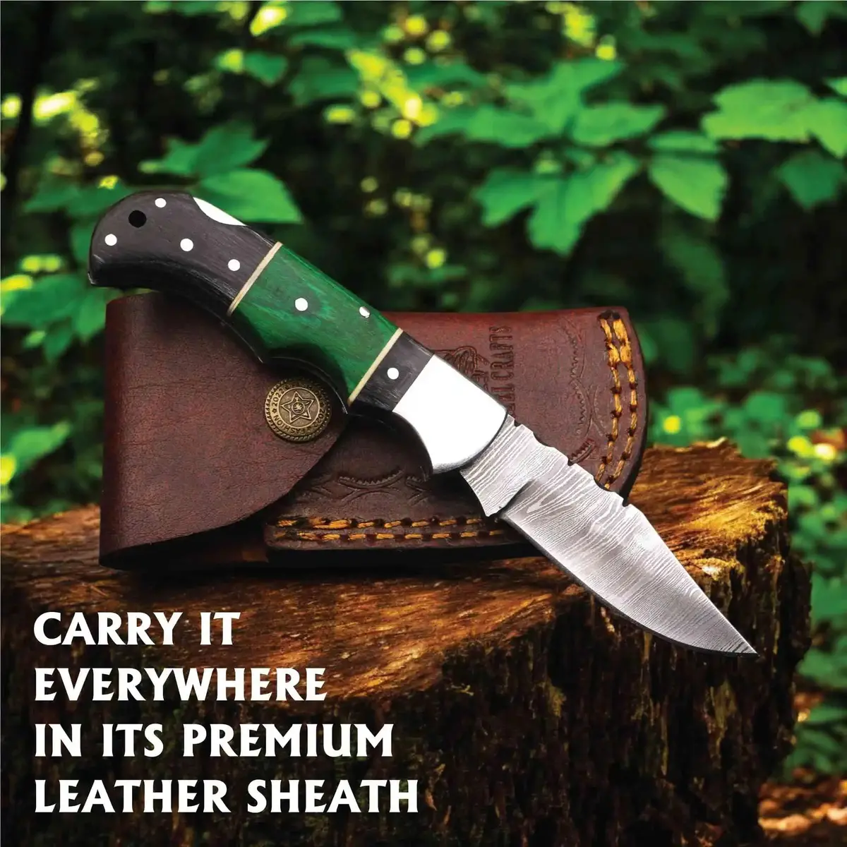Hand Forged Damascus Steel Folding Knife – Pakka Wood Handle With Leather Sheath 1