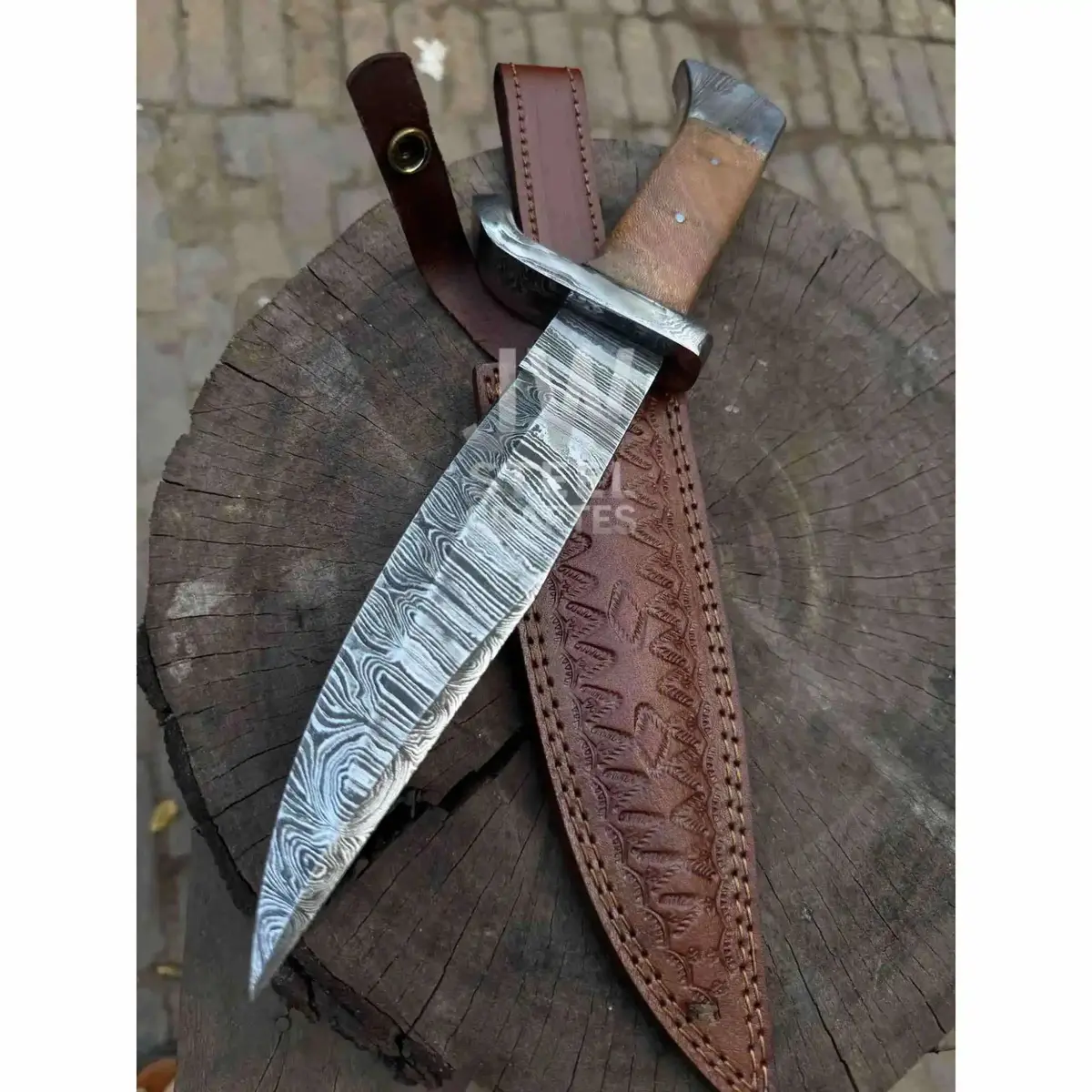 Hand Forged Damascus Steel Frontier Bowie Knife, Clip Point Blade With Coffin Handle And Leather Sheath, Jw Steelcrafts 1