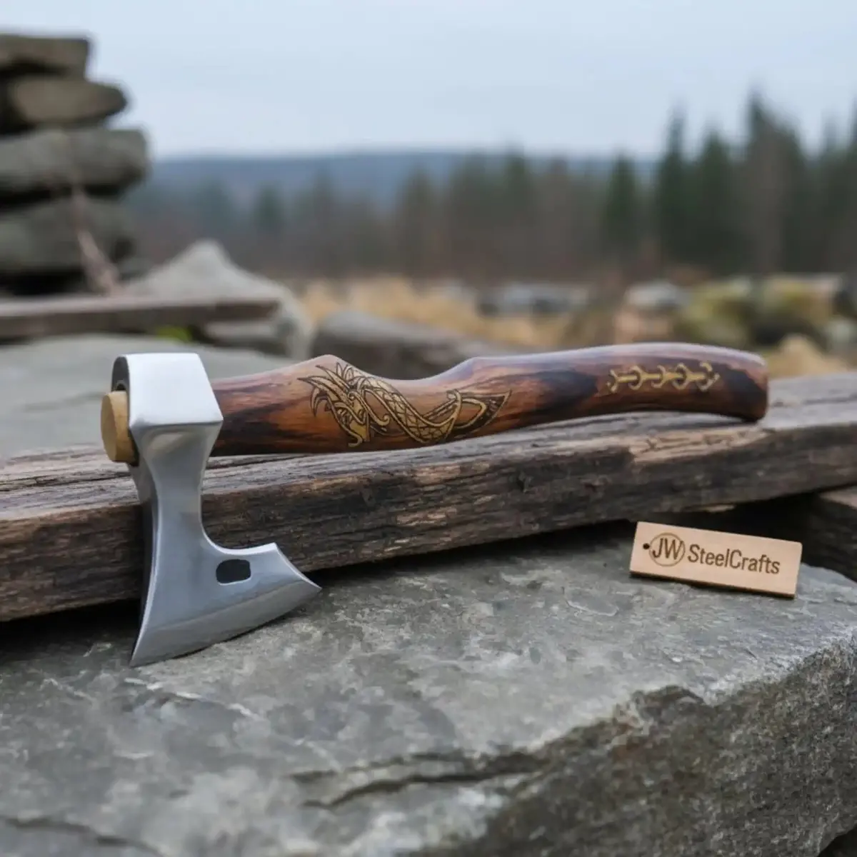 Hand Forged Damascus Steel Viking Axe – 18” Bearded Bushcraft Hatchet With Hardwood Handle | Jw Steelcrafts 1