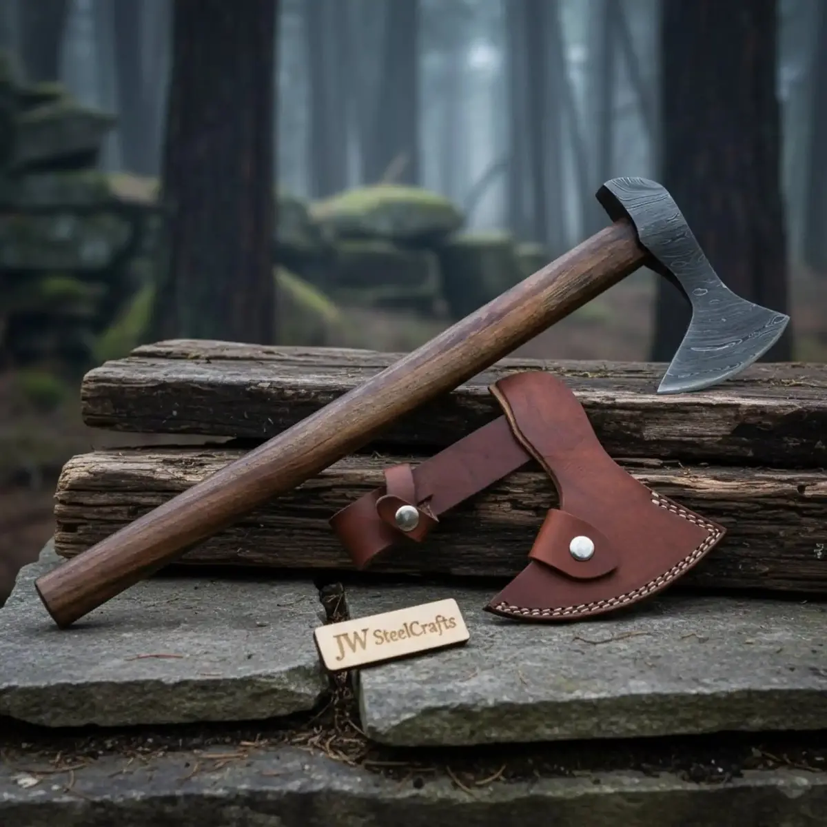 Hand Forged Damascus Steel Viking Axe – True Layered Bearded Axe With Hardwood Handle & Leather Sheath | Jw Steelcrafts 1