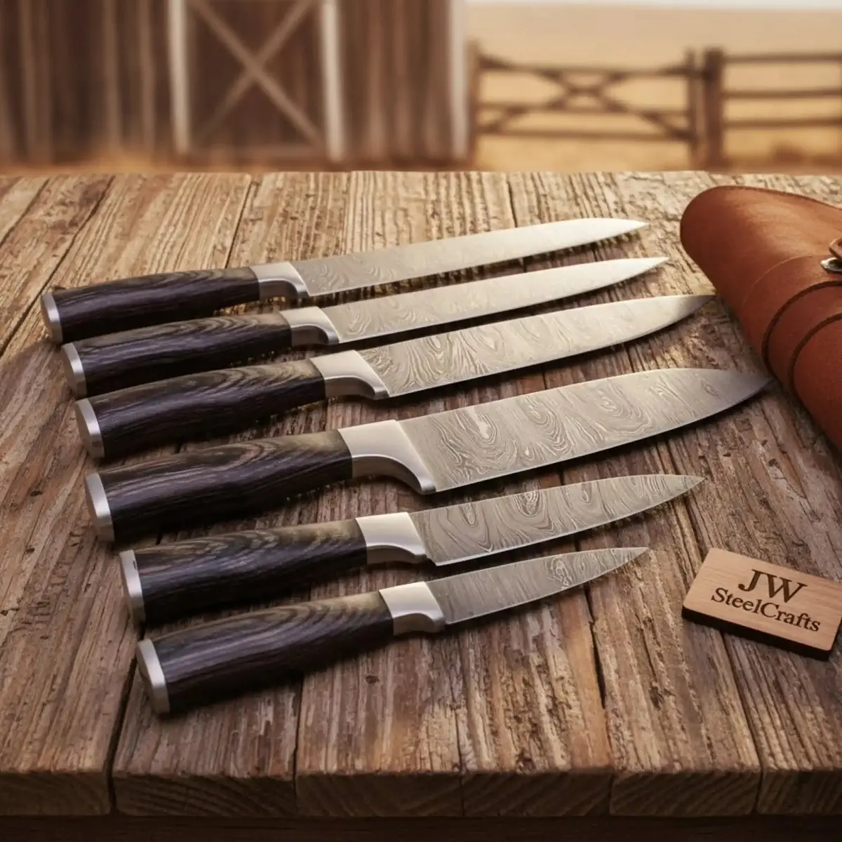 Hand-Forged Damascus Sujihiki Slicer Set — 6 Long Japanese-Style Carving Knives 1