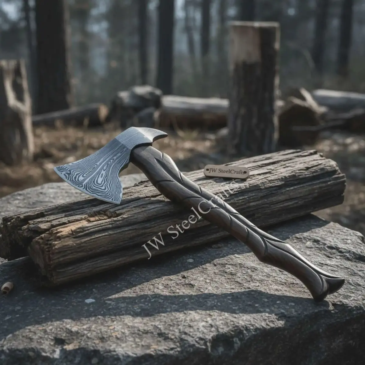 Hand-Forged Damascus Viking Axe – Carved Hardwood Handle | Bushcraft, Camping & Display Collectible 1