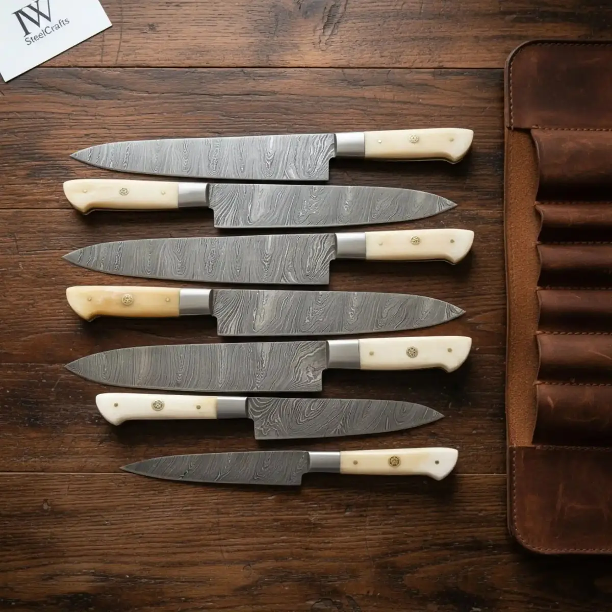 Damascus Western Chef & Carving Knife Set (7 Pcs) – Full Tang, Camel Bone Handles, Leather Roll 1