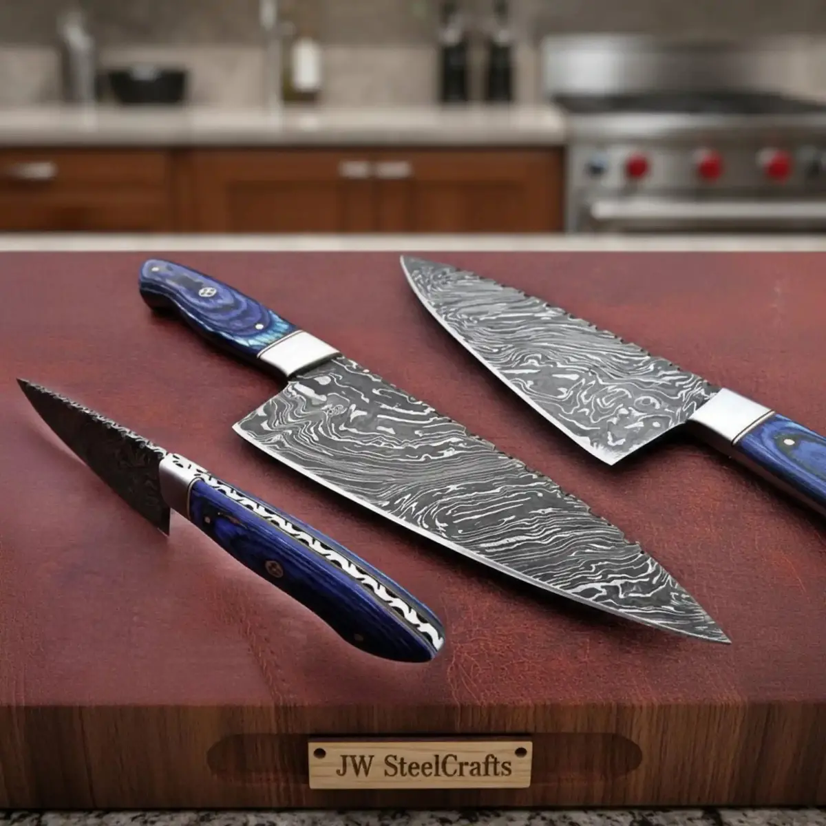 Hand-Forged Fire Damascus Full-Tang Kitchen Knife – Blue Pakka Wood 1