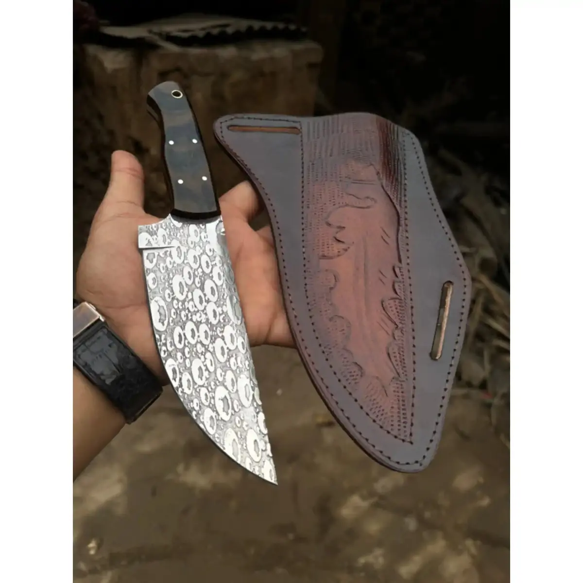 Hand-Forged Hammered Blade Knife | Walnut Grip & Belt Sheath 1
