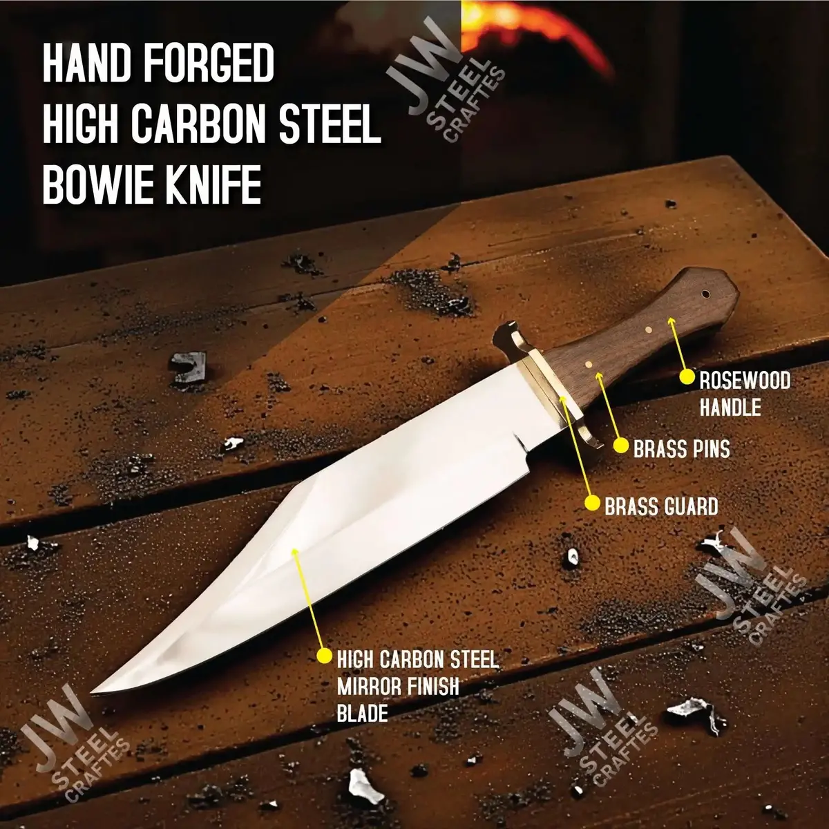 Clip Point High Carbon Steel Bowie Knife, Hand Forged, Rosewood Handle 1