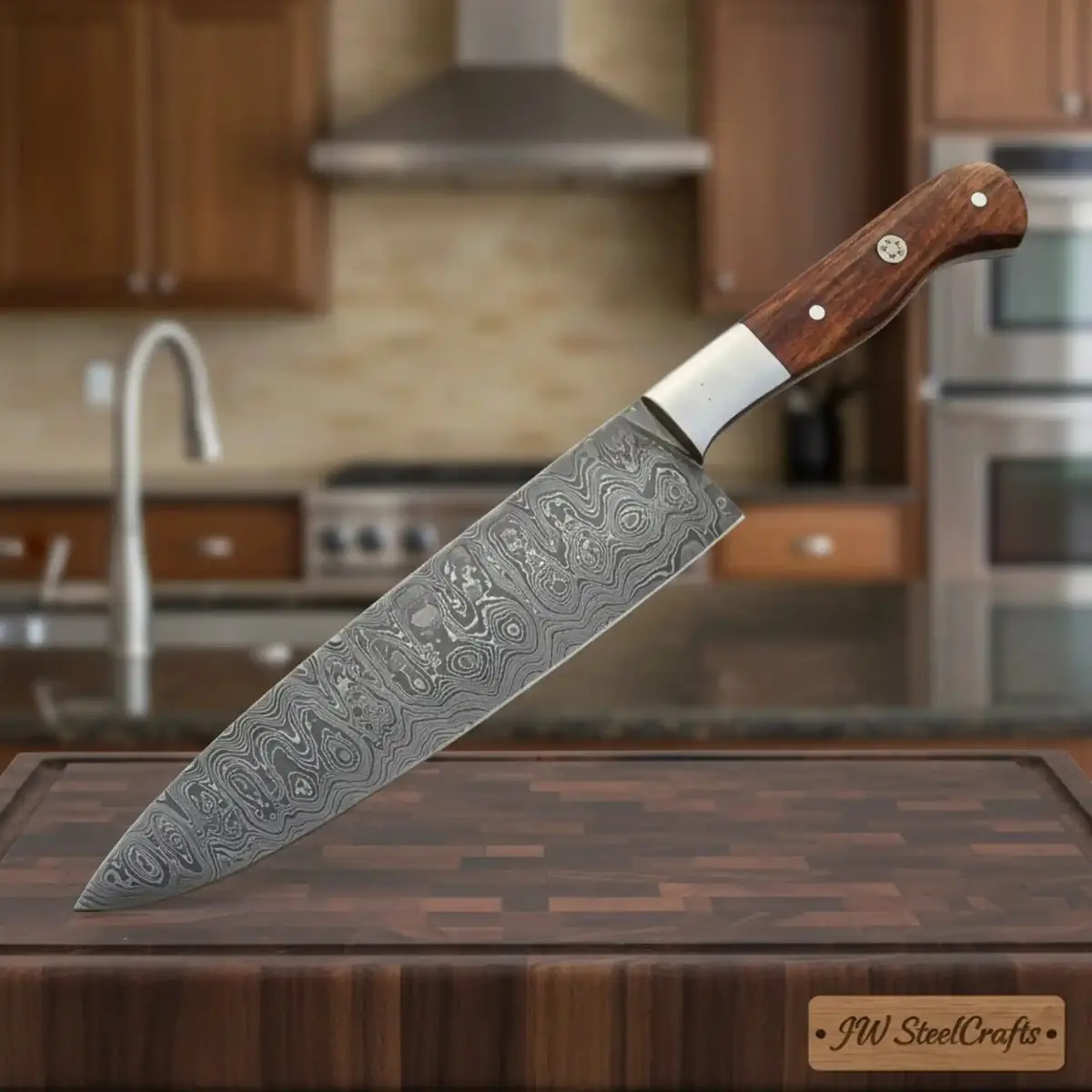 Hand-Forged Ladder Pattern Damascus Kiritsuke Kitchen Knife With Steel Bolster & Pakka Wood 1