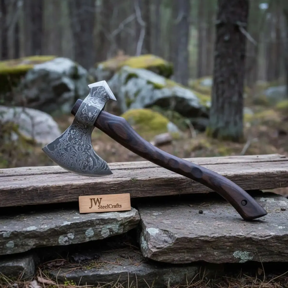Hand-Forged Scandinavian Forest Axe With Damascus Blade And Ergonomic Wood Handle 1