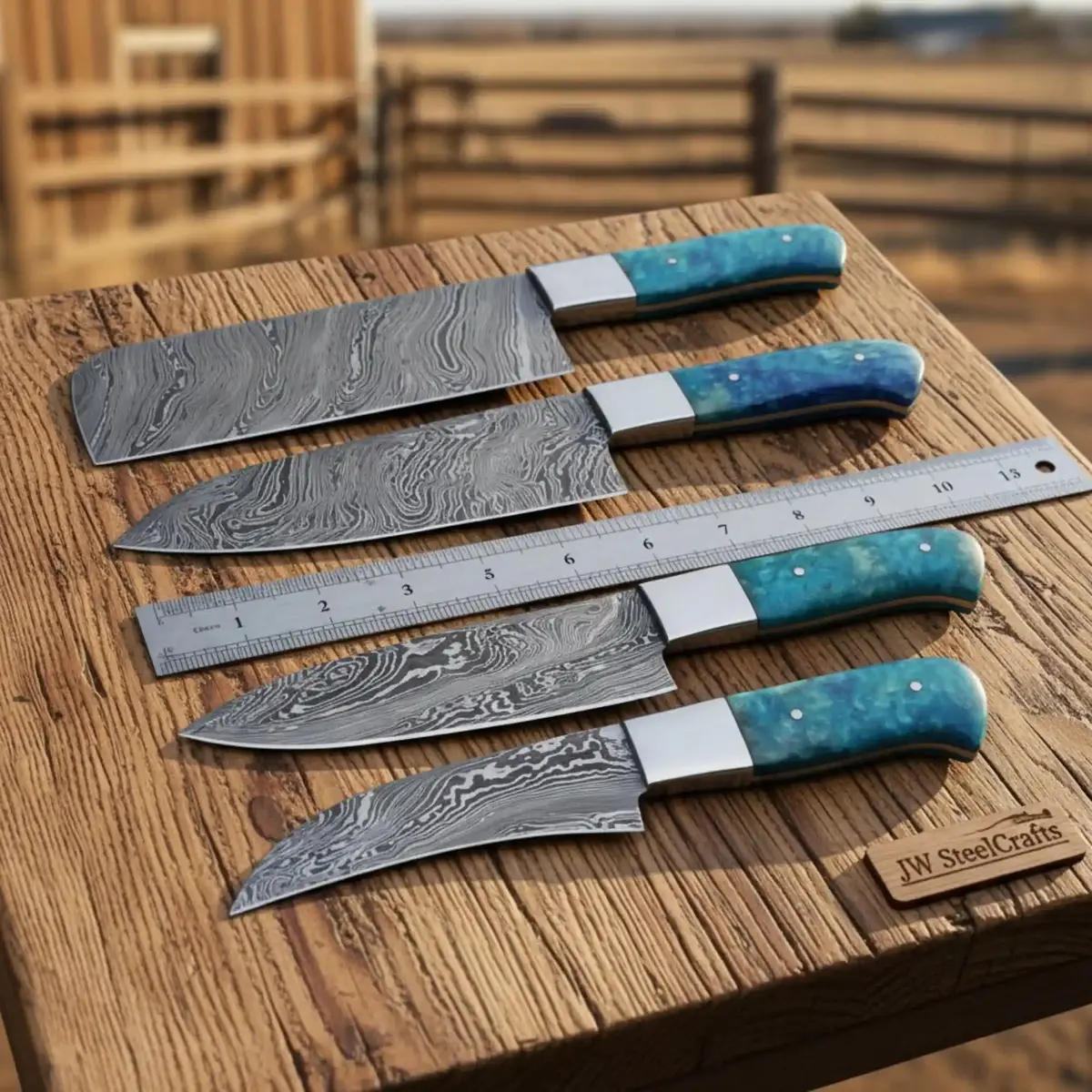Hand-Forged Twisted Damascus Chef Knife Set — Nakiri Style, Blue Resin Handle, Steel Bolster 1