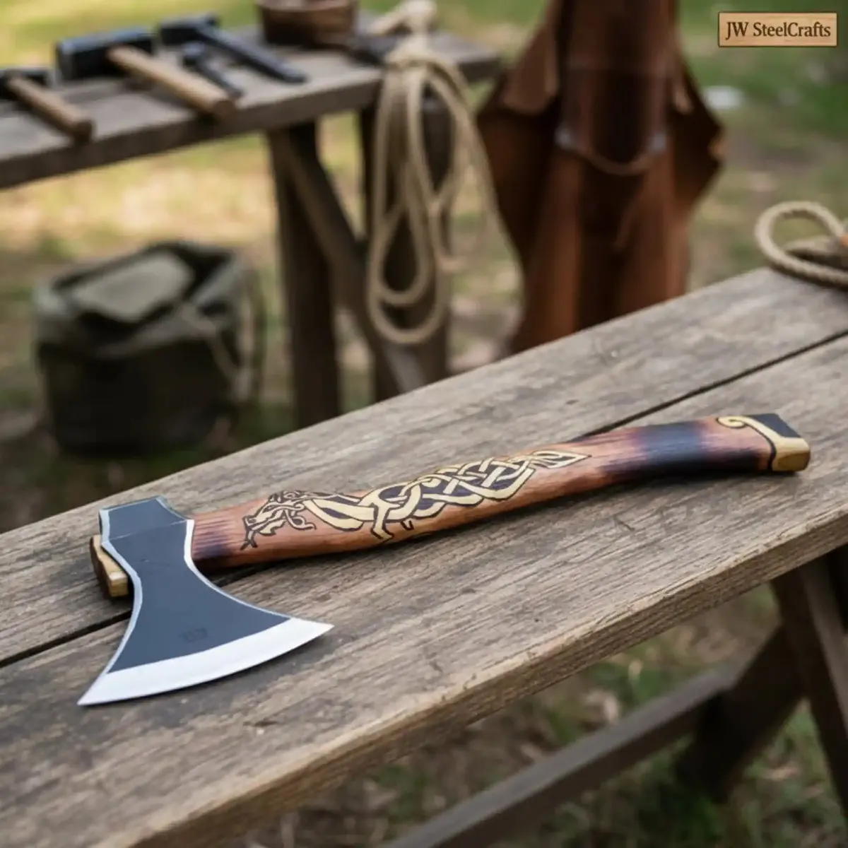 Hand-Forged Viking Bearded Camp Axe With Engraved Hardwood Handle 1