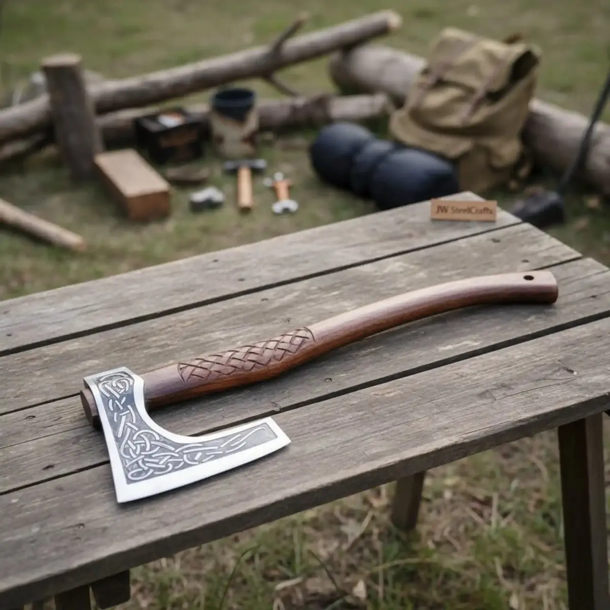 Hand-Forged Viking Bearded Camp Axe With Engraved Head And Leather Wrapped Handle 1