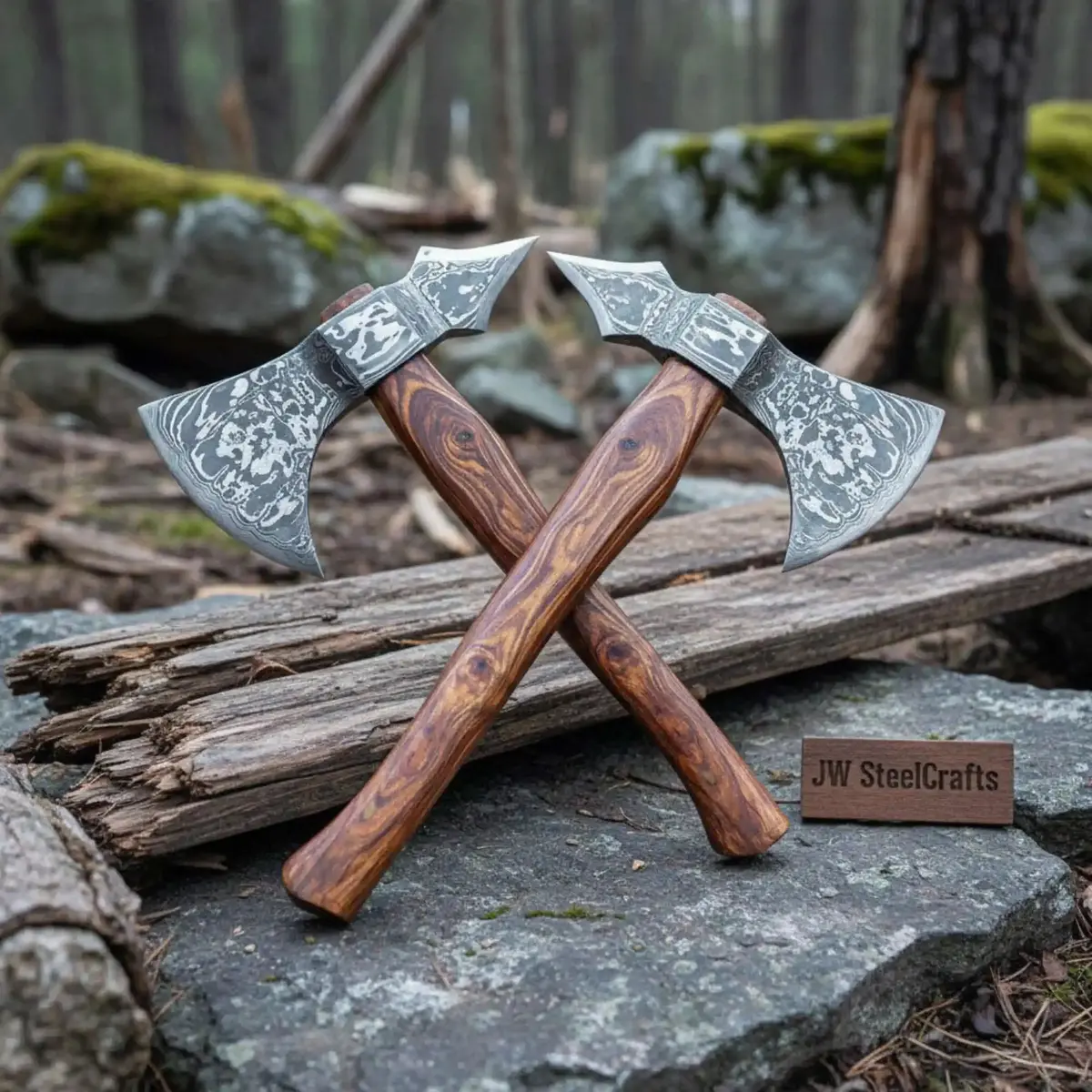Hand-Forged Viking Skeggøx Bearded Axe Set – Pattern-Welded Damascus Heads With Hardwood Shafts 1