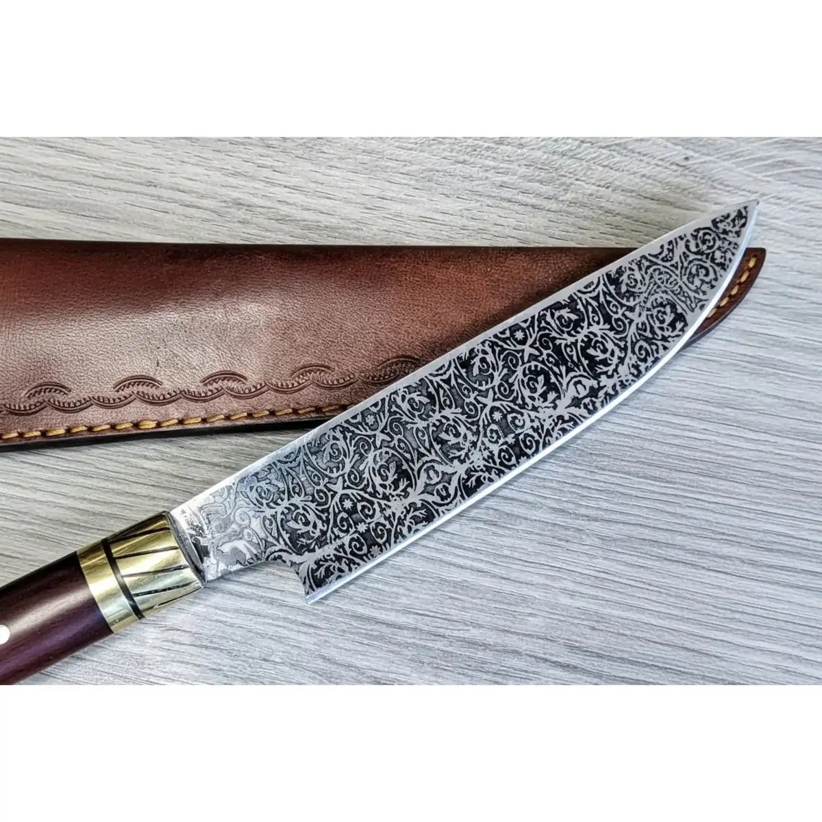Handcrafted 8” Japanese-Style Gyuto Chef Knife — Acid-Etched Blade, Rosewood Handle With Brass 1