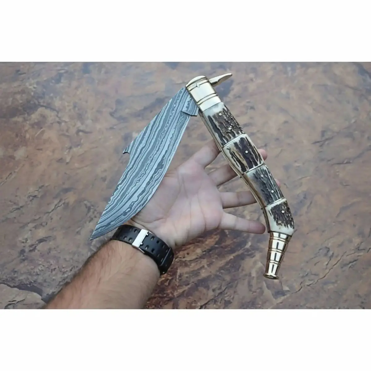 Handcrafted Damascus Steel Big Folding Knife With Genuine Antler Stag Horn Handle 1