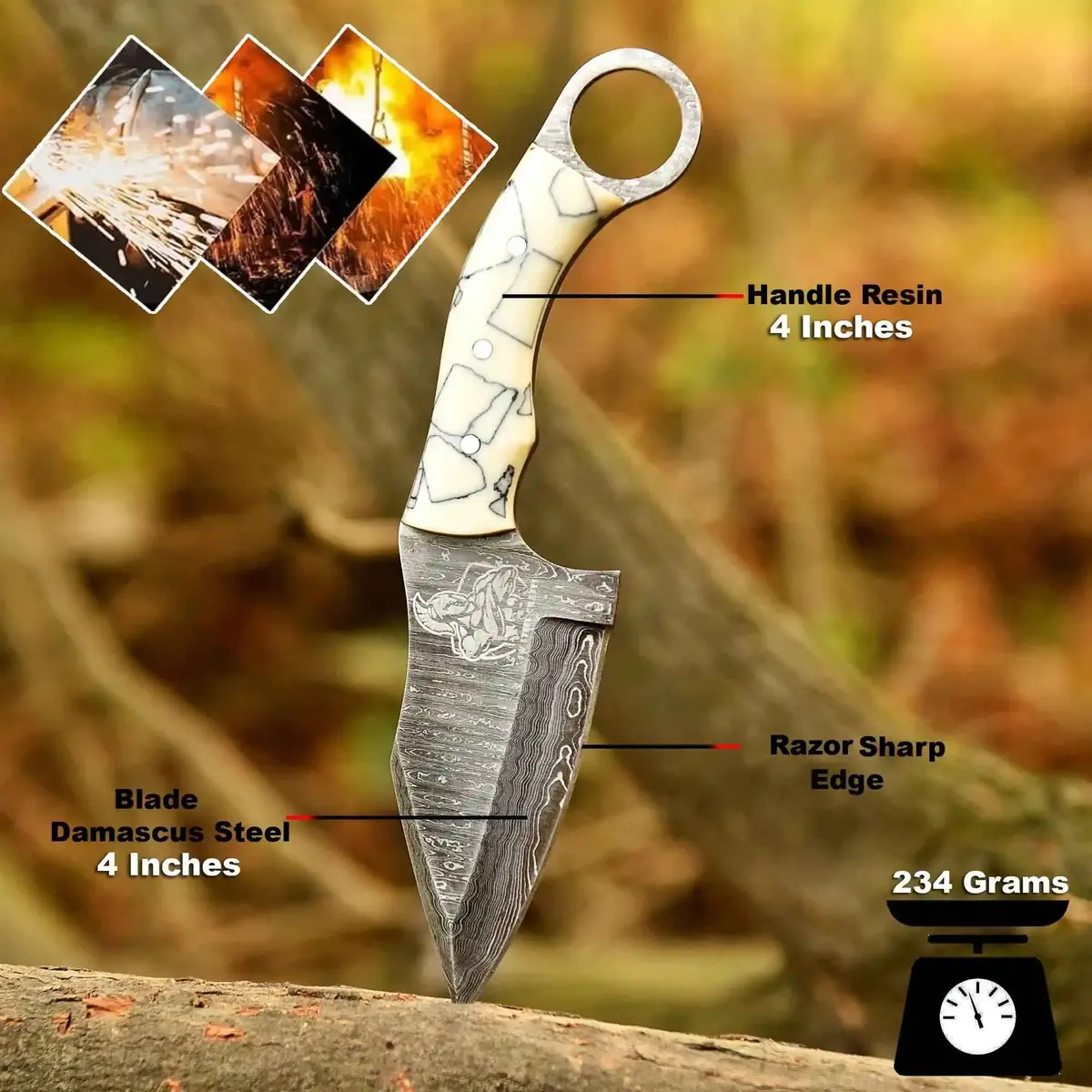 Handcrafted Damascus Steel Ring Handle Outdoor Utility Knife – Resin Grip – Jw Steelcrafts 1