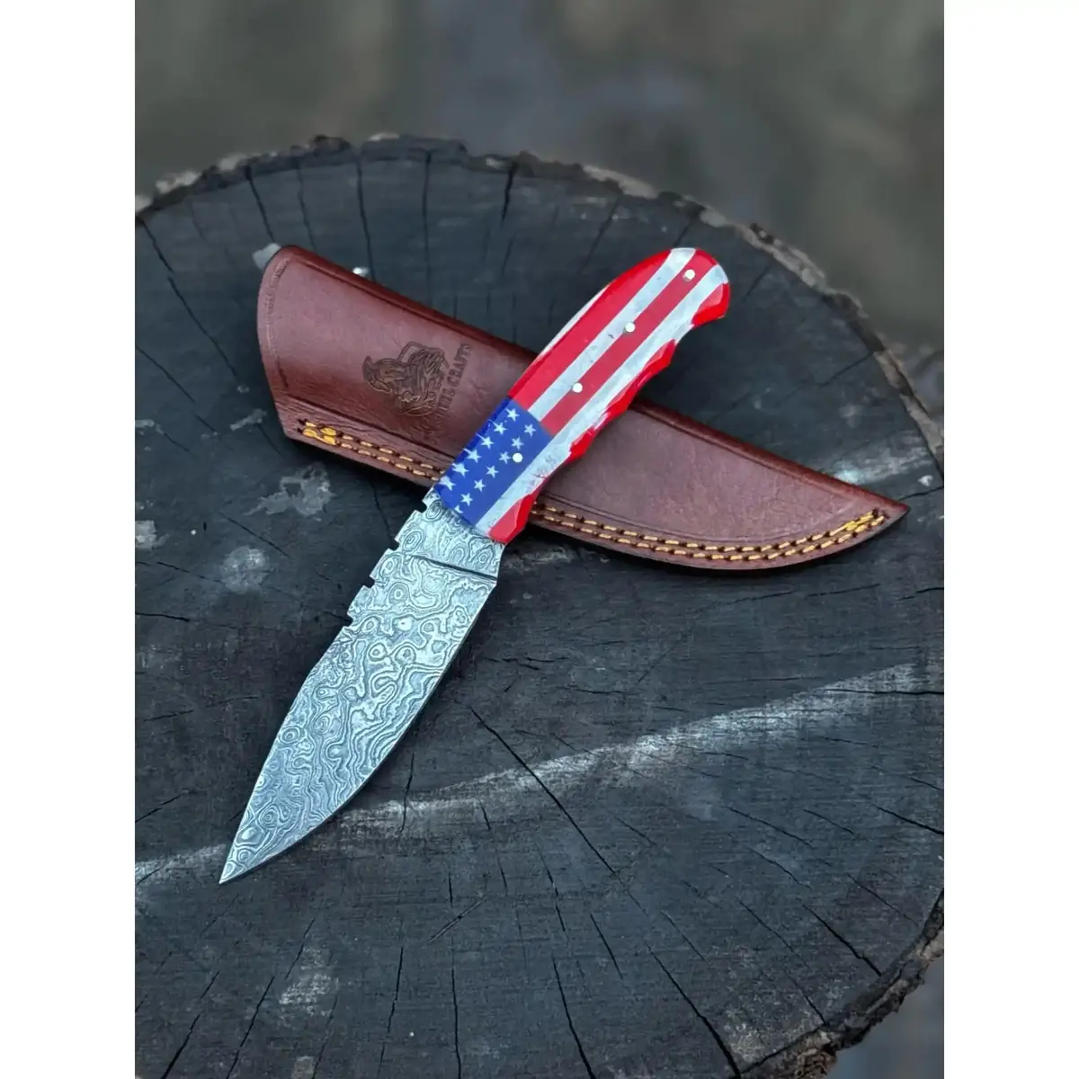 Handcrafted Damascus Steel Utility Knife With American Flag Handle | Leather Sheath | Jw Steelcrafts 1