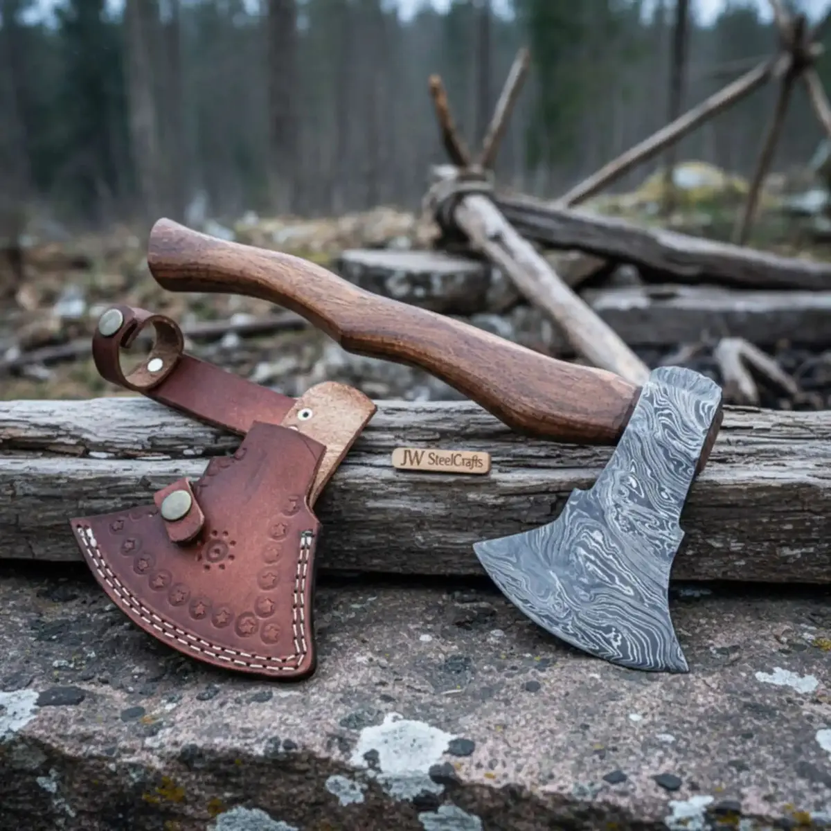 Handcrafted Damascus Utility Hatchet – Bearded Blade Style, Solid Wood Handle, Sheath Included 1