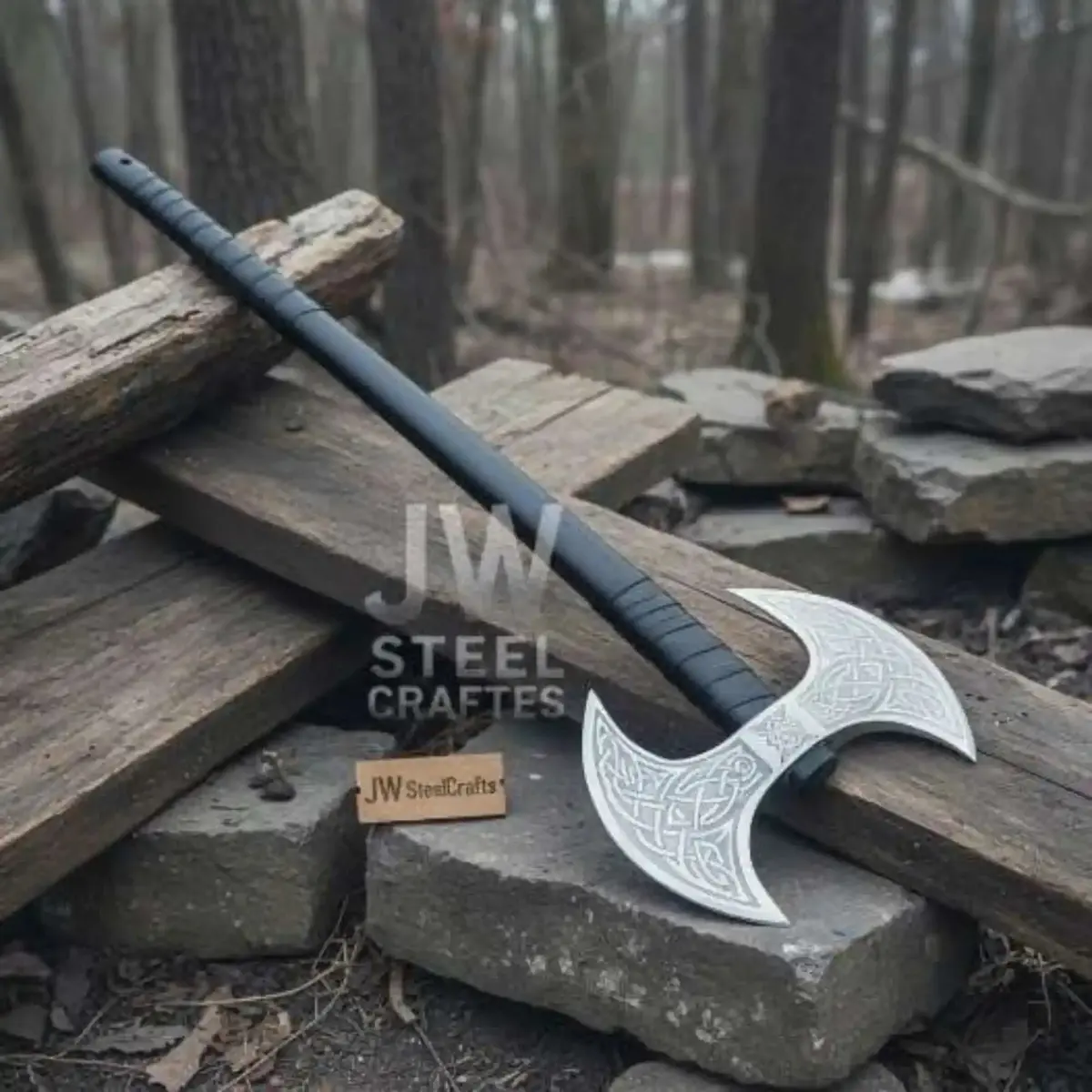 Hand Forged Double-Headed Viking Axe With Nordic Knotwork Engravings And Cord-Wrapped Handle 1