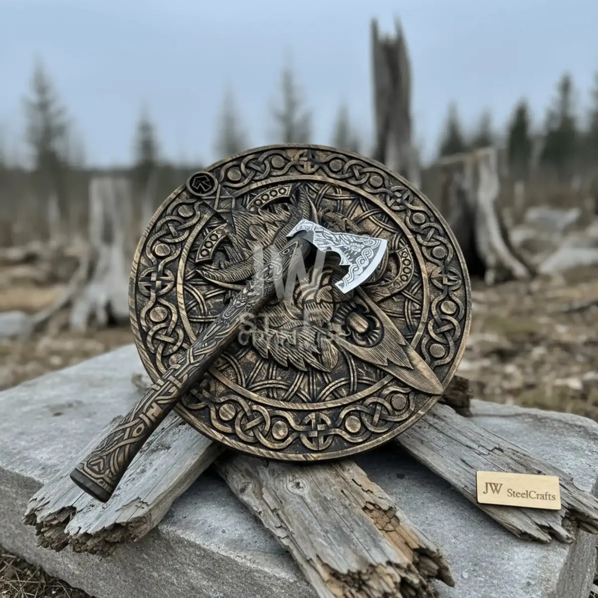 Handcrafted Viking Shield And Engraved Axe Set With Raven Motif And Norse Knotwork 1
