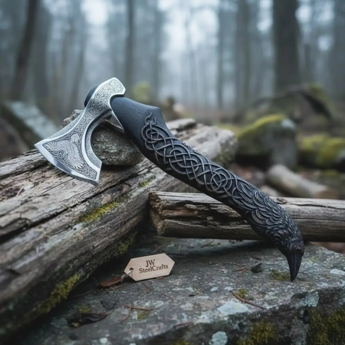 Handcrafted Viking-Style Bearded Axe With Engraved Steel Head And Carved Hardwood Handle 1