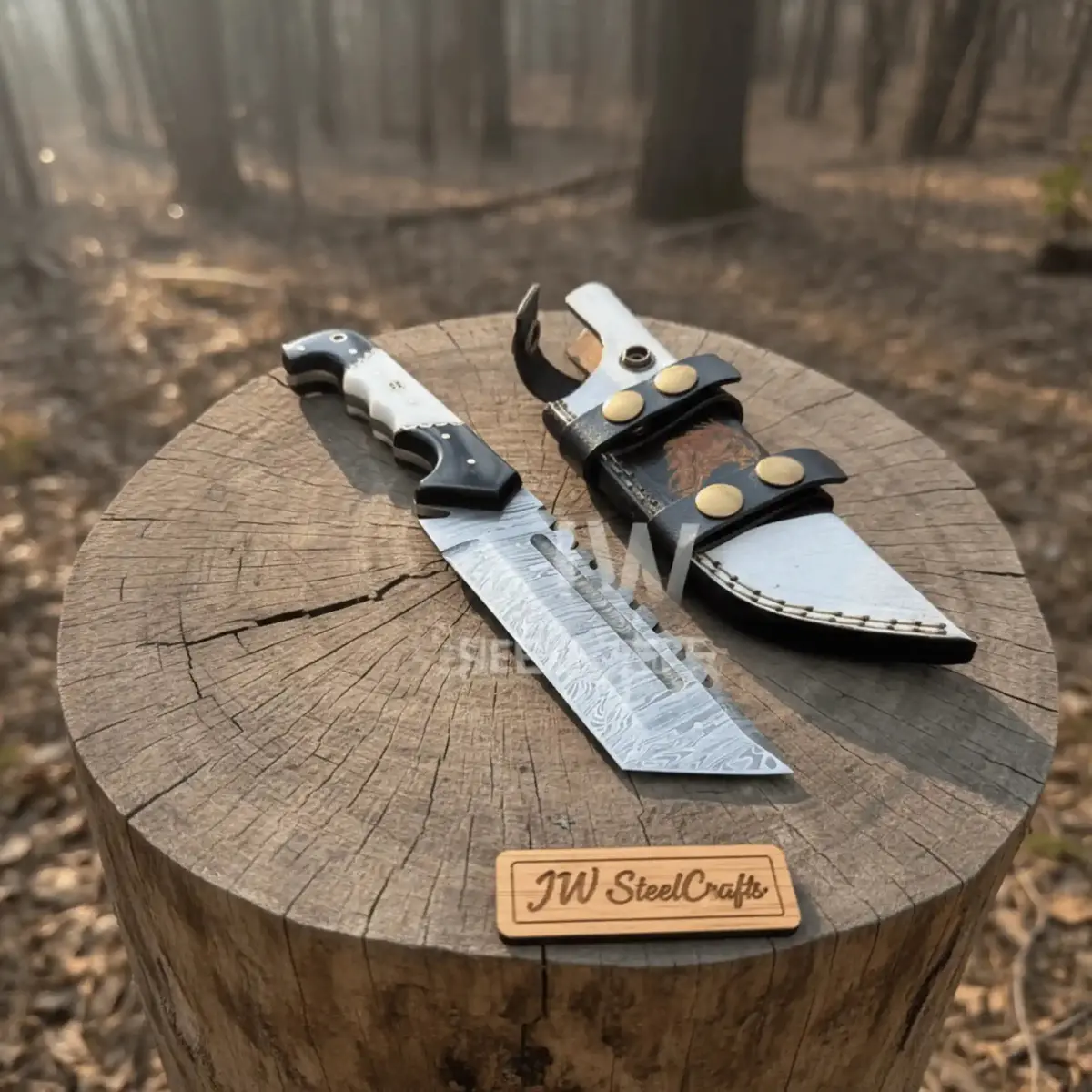 Handmade 10–11 Inch Damascus Tracker Outdoor Utility Knife – Black & White Resin Handle 1