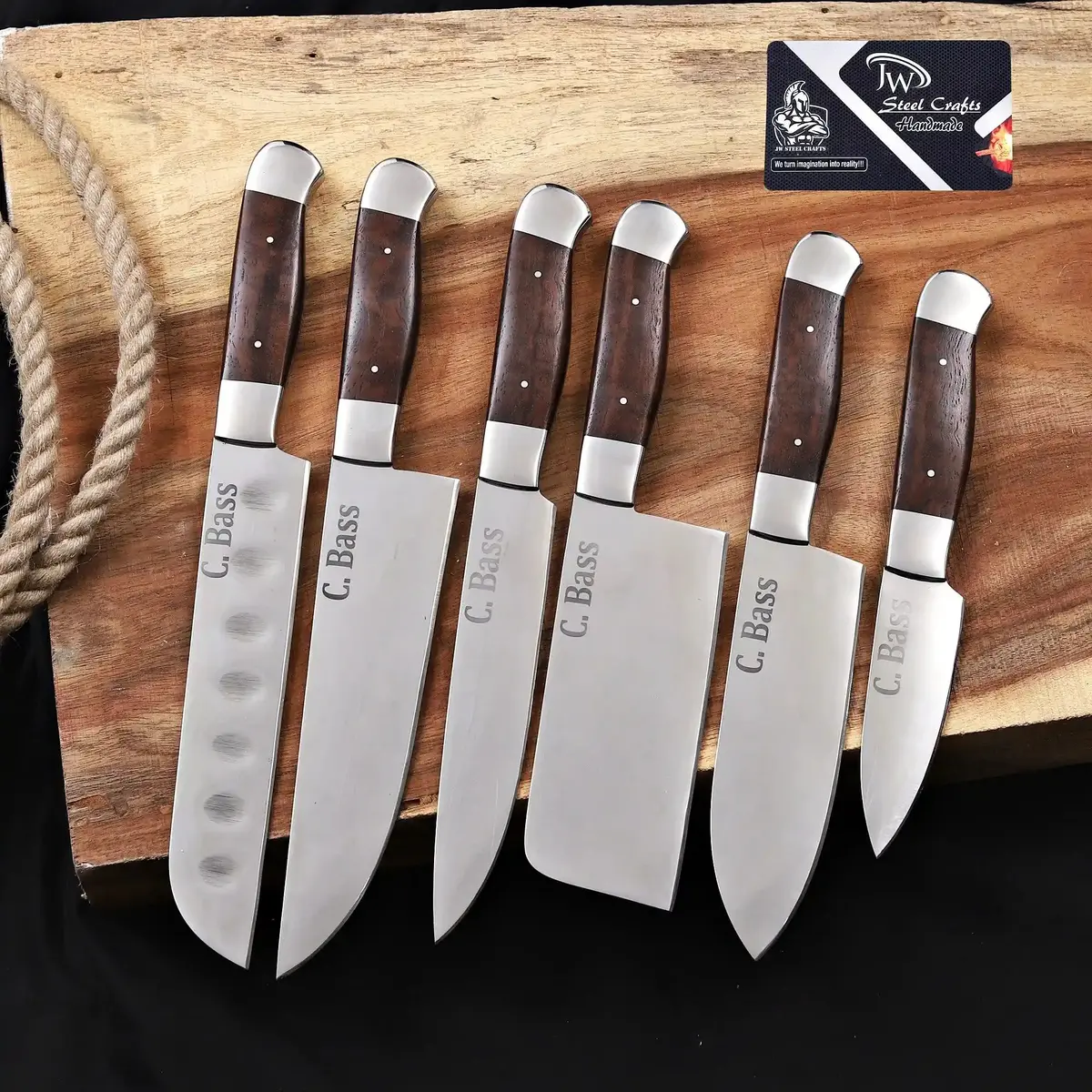 Handmade 6 Piece Chef Knife Set With Leather Roll – Full Tang Kitchen Knives Set With Cleaver, Chef, Santoku, Utility & Paring 1