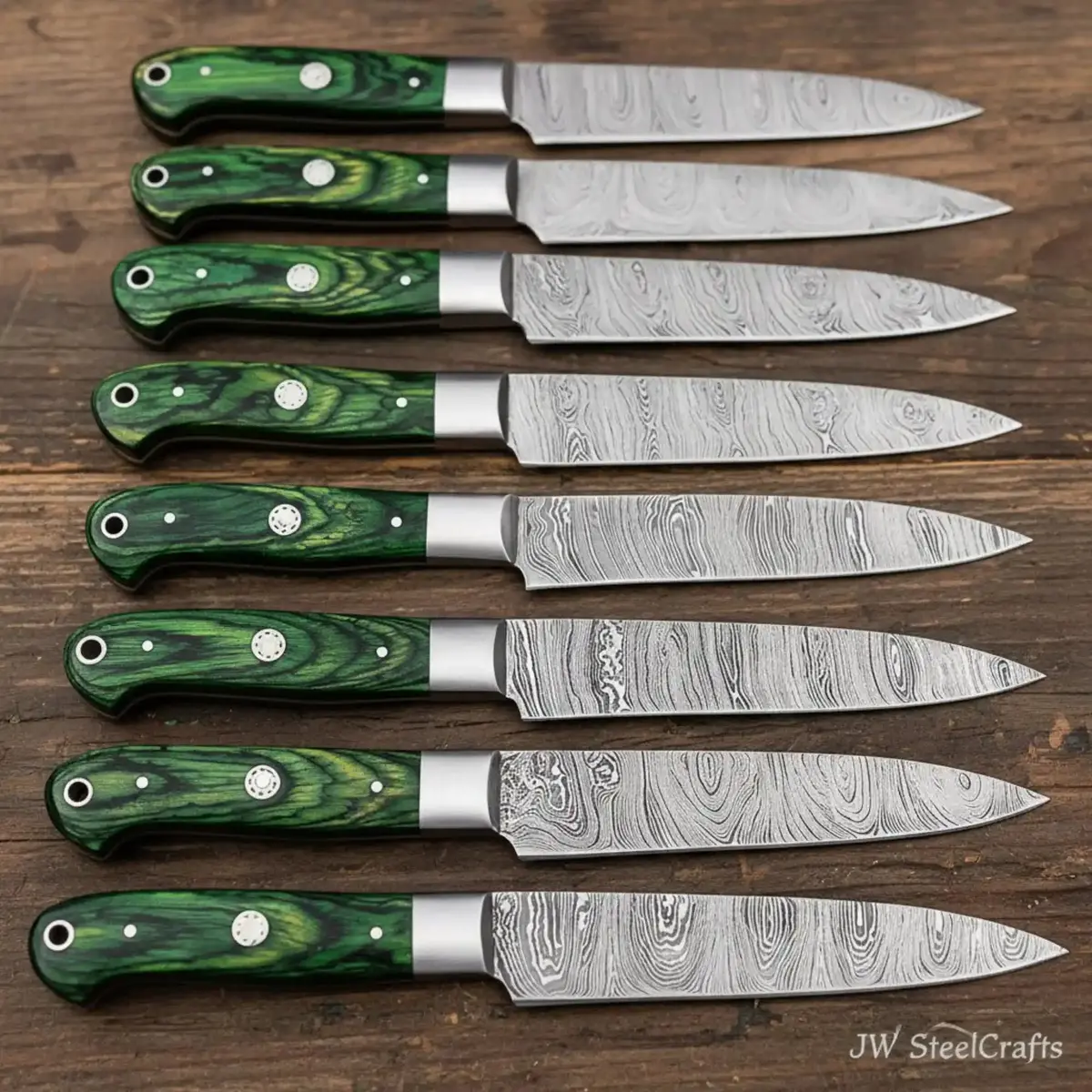Handmade Chef Knife — Damascus Steel Blade, Full-Tang Construction With Steel Bolster And Green Pakkawood Handle 1