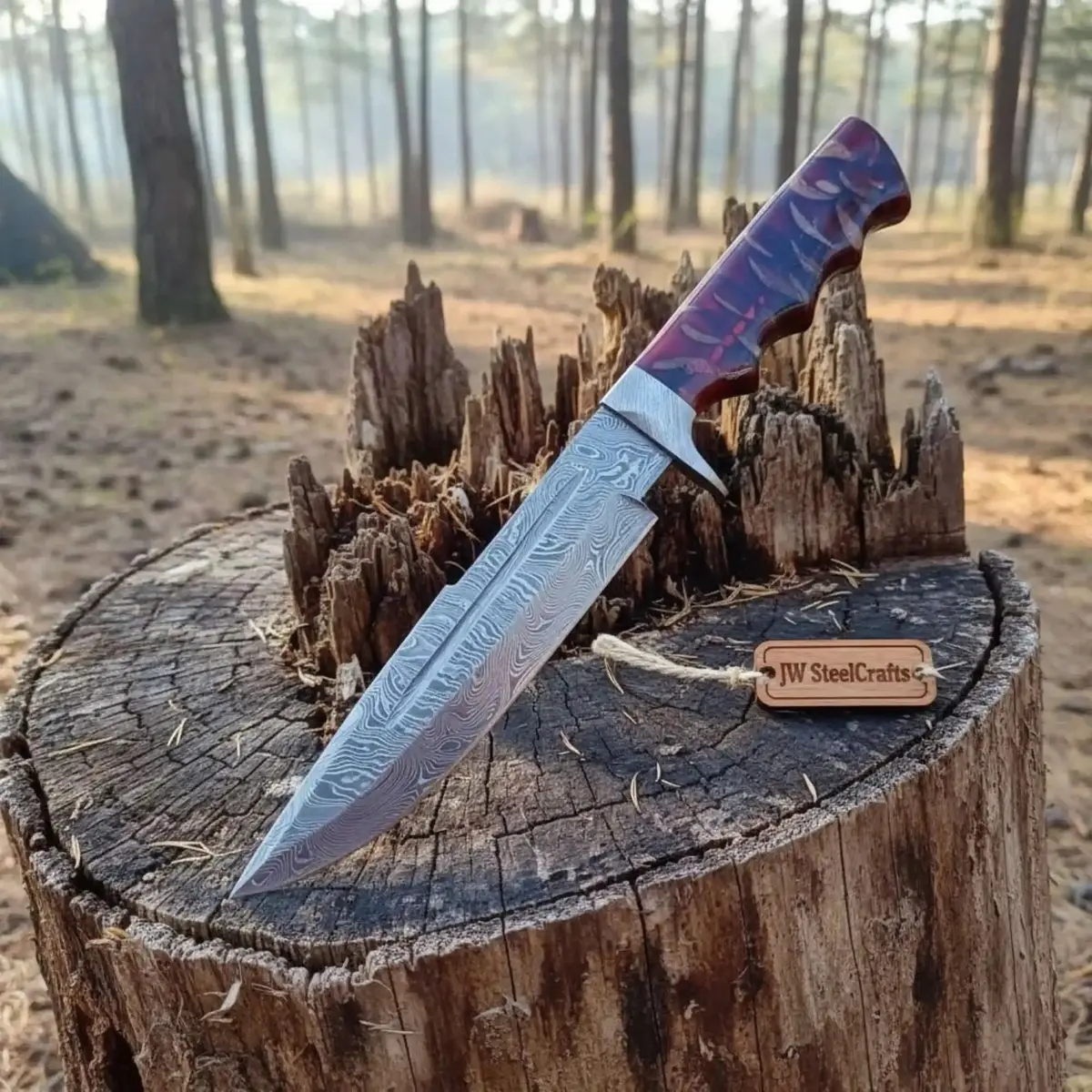 Handmade Coffin Handle Clip Point Bowie Knife Damascus Steel Blade Red Resin Handle Custom Fixed Blade Jw Steelcrafts 1