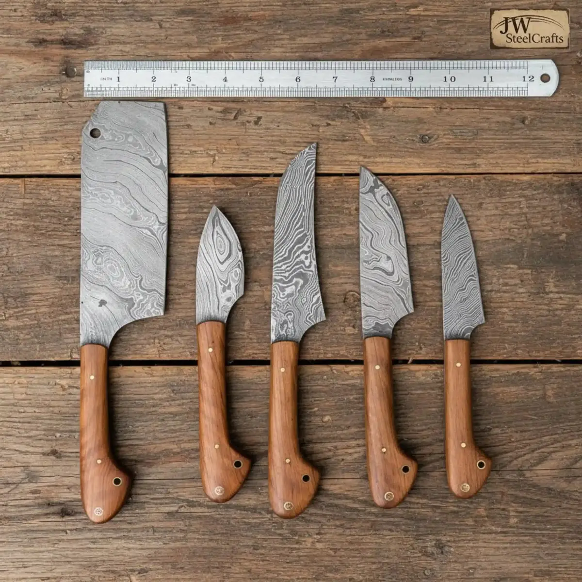 Hand-Forged Damascus 5-Pc Knife Set — Cleaver, Chef, Utility, Boning & Paring (Olive Wood Handles) 1