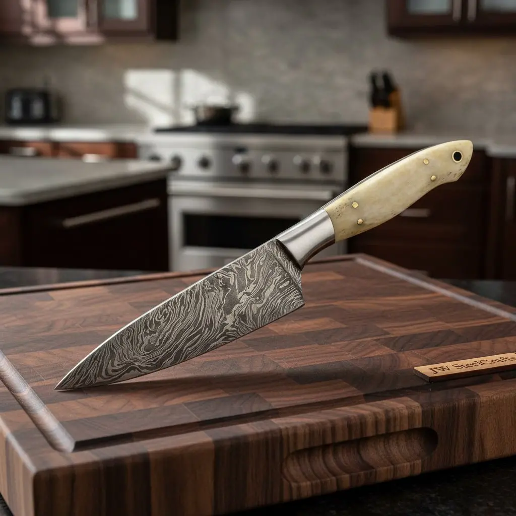 Custom Handmade Damascus Bunka Knife With Bone Handle And Steel Bolster, Hand Forged Japanese Knives 1