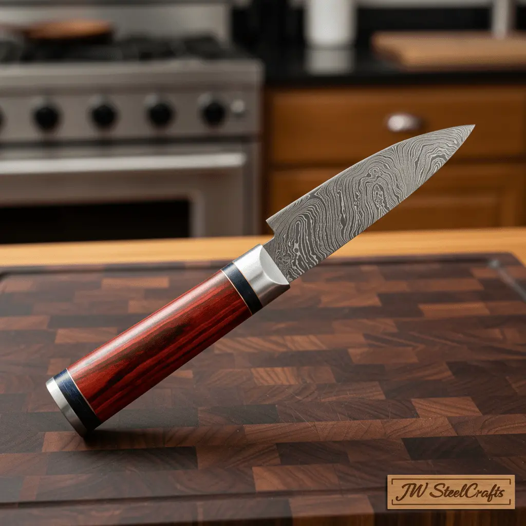 11" Handmade Damascus Chef Knife With Twisted Steel Blade & Red Pakka Wood Handle 2