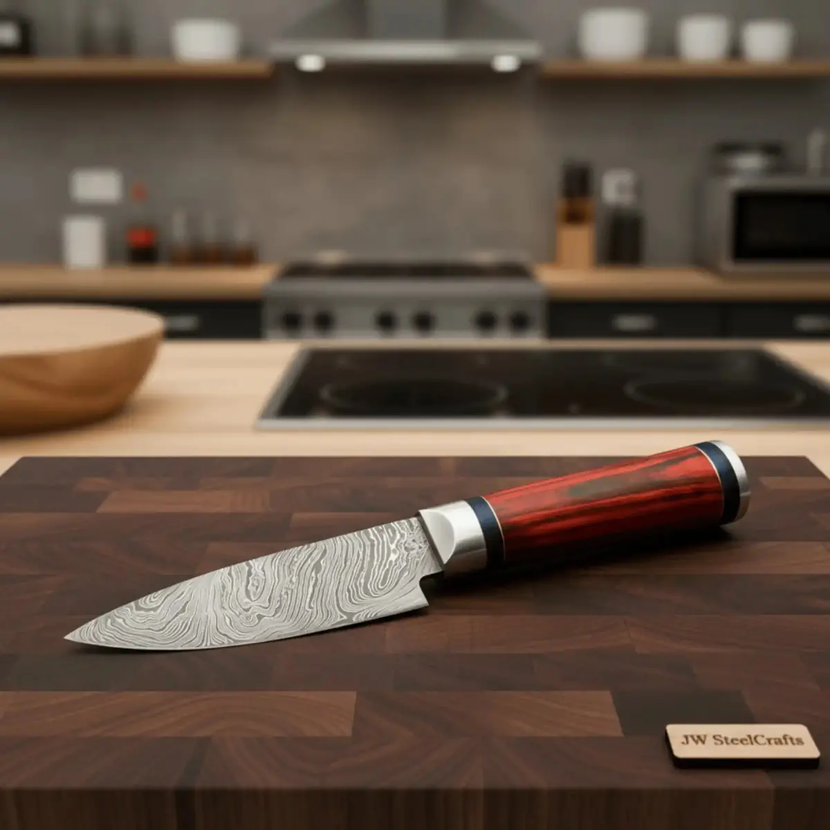 11" Handmade Damascus Chef Knife With Twisted Steel Blade & Red Pakka Wood Handle 1