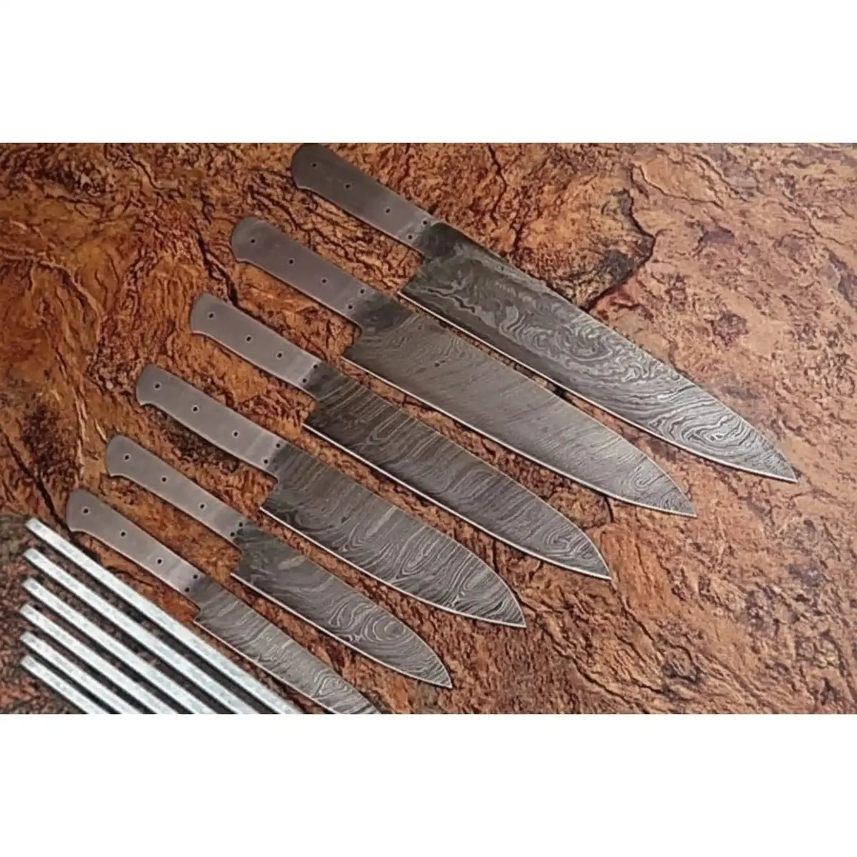 6-Piece Handmade Damascus Chef Knife Blank Set, Forged Steel Blades, Custom Knife Making Supply 1
