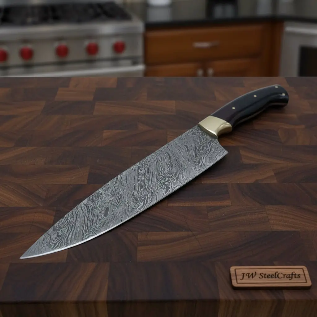 Handmade Damascus Chef Knife, Full Tang Kitchen Knife With Brass Bolster And Black Handle, Forged Damascus Steel Professional Cooking Knife, Premium Culinary Knife Gift 1