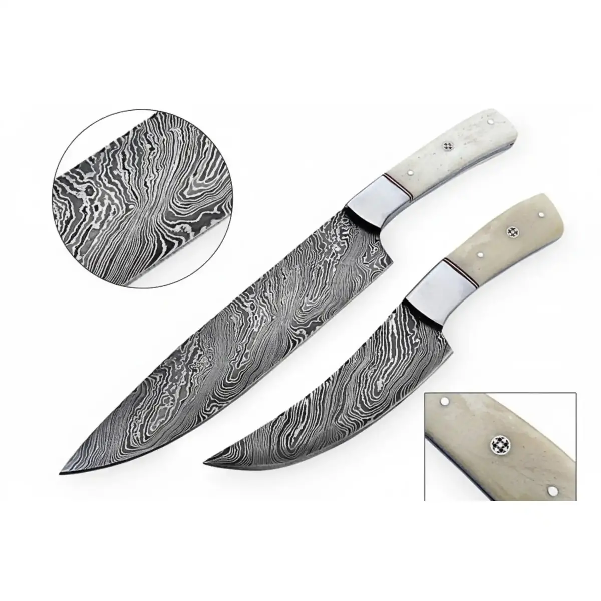 Handmade Damascus Chef Knife Set Of 2, Full Tang Kitchen Knives, White Bone Handle With Steel Bolster, Culinary Cooking Knife Pair 1