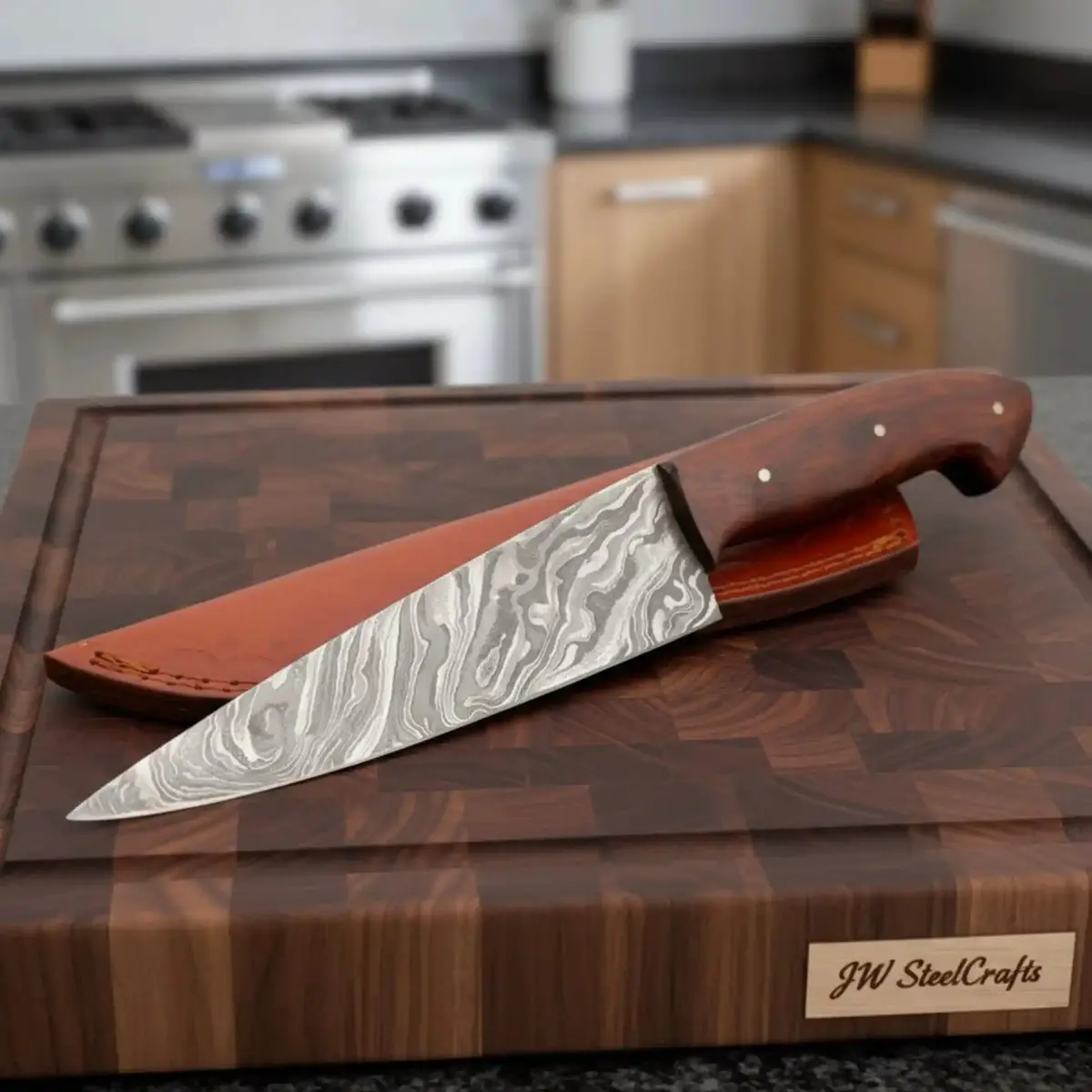 Hand-Forged Damascus Chef Knife Set Of 2 With Rosewood Handles And Leather Sheaths 1