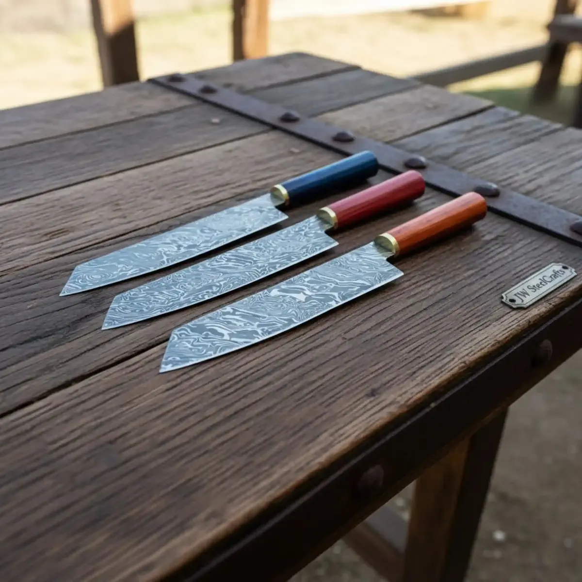 Handmade Damascus Chef Knife Set Of 3, 9 Inch Twisted Pattern Damascus Steel Blades, Multi Pakka Wood Handles, 14 Inch Overall, Professional Kitchen Knife Set 1