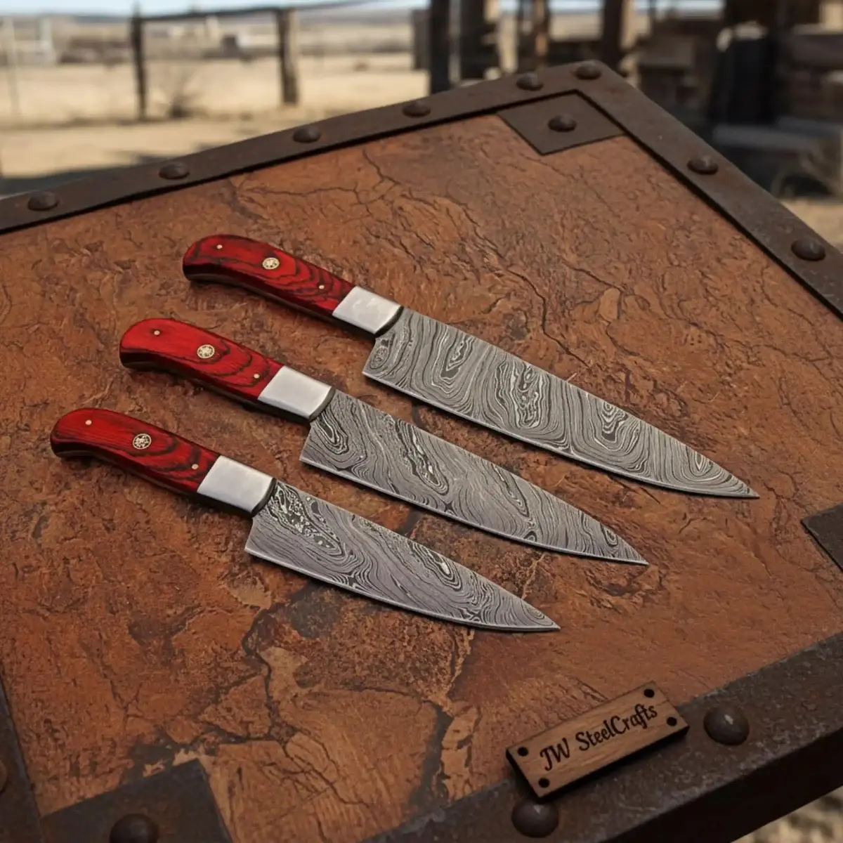 Handmade Damascus Chef Knife Set Of 3, Full Tang Kitchen Knives With Red Pakka Wood Handles And Steel Bolsters, Professional Cooking Knife Set 1