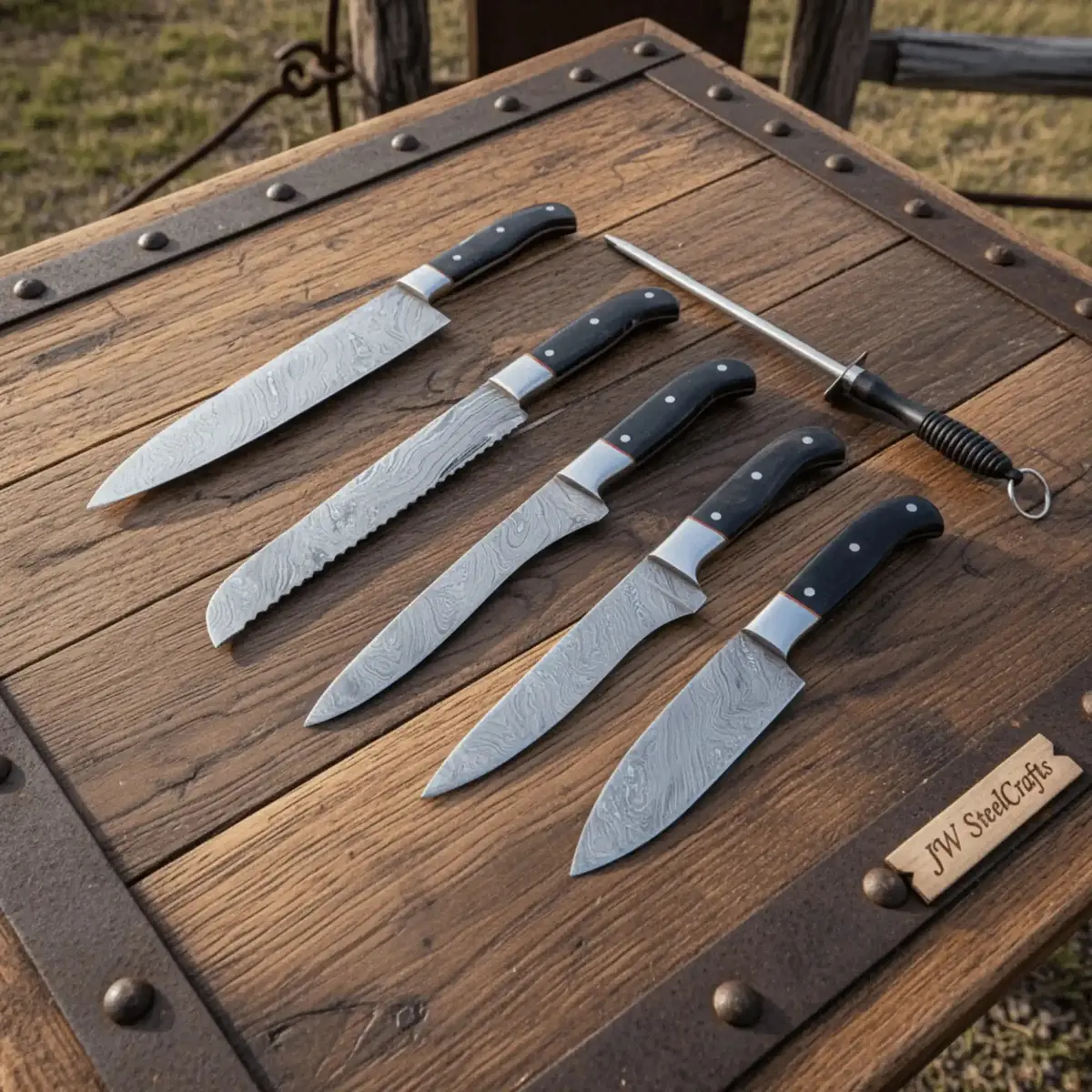 5-Piece Handmade Damascus Chef Knife Set, Full Tang Collection With Leather Roll And Sharpening Rod 1