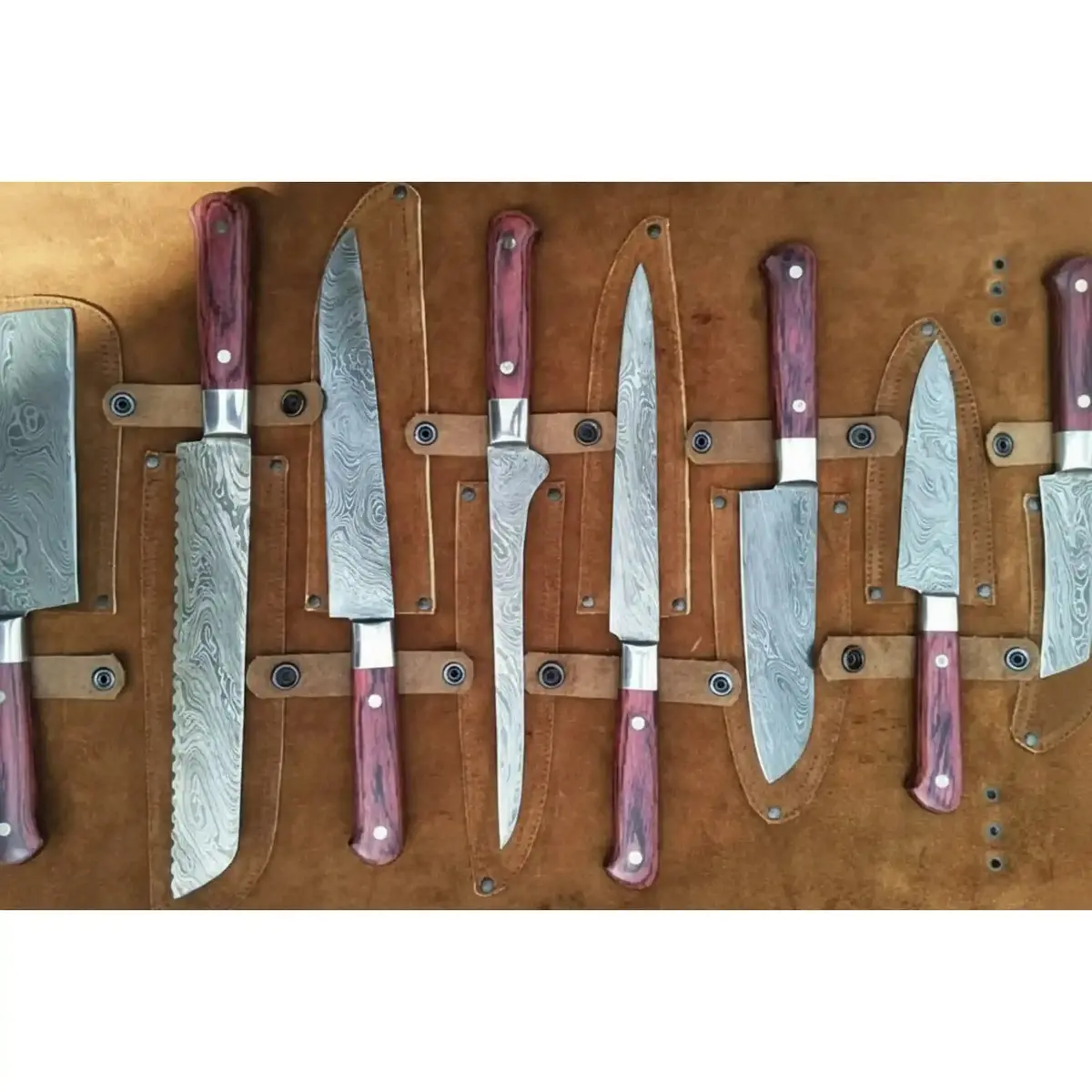 Handmade Damascus Chef Knife Set Of 8 With Leather Roll, Full Tang Culinary Knife Collection With Red Wood Handles – Jw Steelcrafts 1