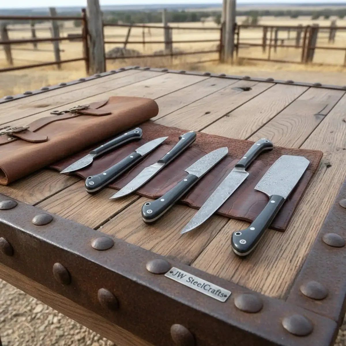 Handmade Damascus Chef Knife Set With Leather Roll, Full Tang Black Resin Handles, Professional Kitchen Knife Kit 1