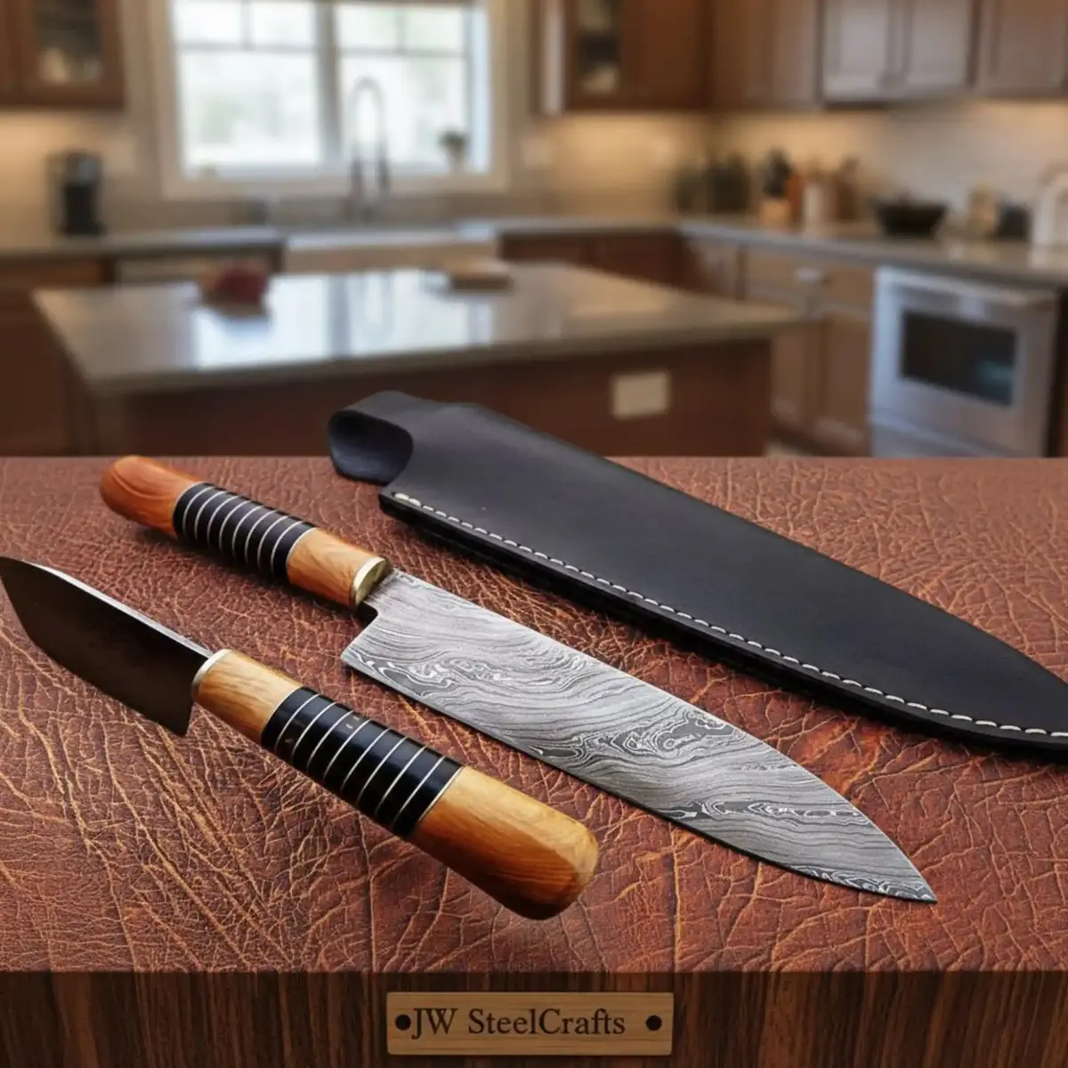 Handmade Damascus Chef Knife With Leather Sheath, 14 Inch Full Tang Kitchen Knife, 9 Inch Blade, Olive Wood Handle With Black Resin Spacers 1